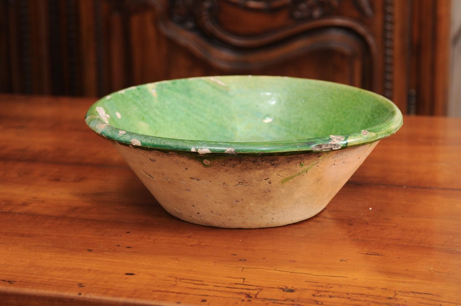 French Provincial Green Glazed Pottery Bowl with Unfinished Belly, circa 1850 1