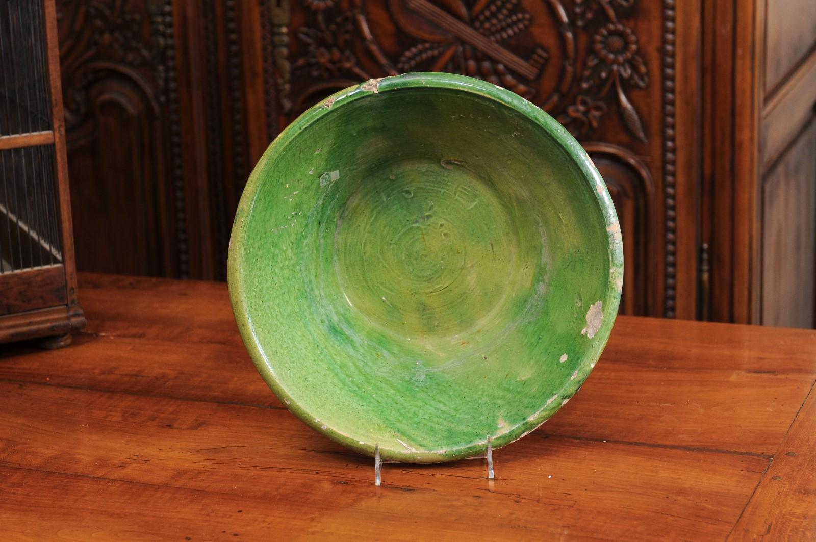 French Provincial Green Glazed Pottery Bowl with Unfinished Belly, circa 1850 2