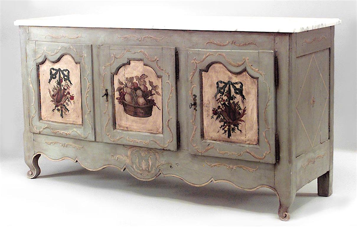 French Provincial (18/19th Century with 20th Century paint finish) grey painted commode with 3 decorated doors and white marble top.
