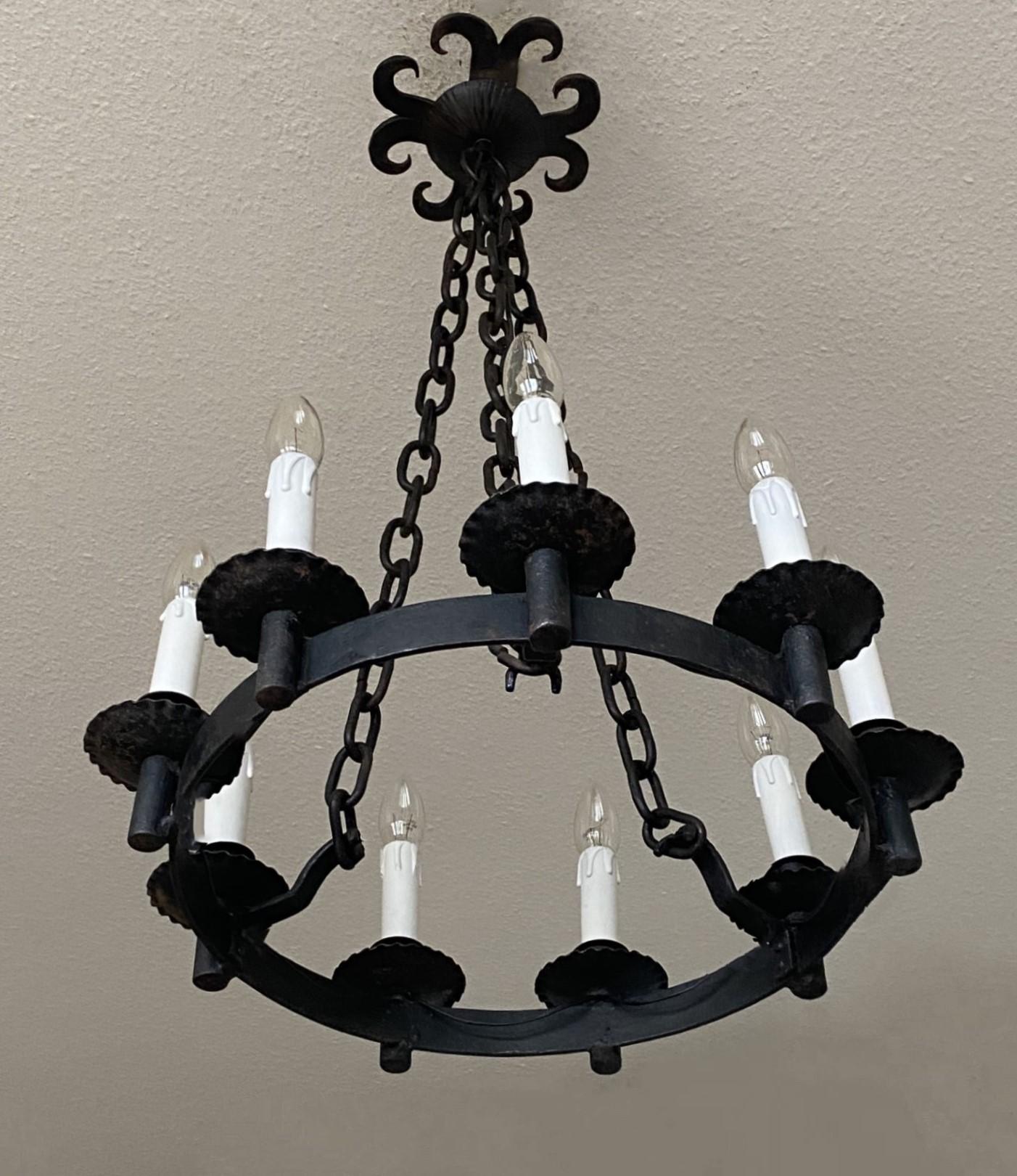 19th Century French Folk Art Forged Iron Nine-Light Chandelier, Electrified For Sale