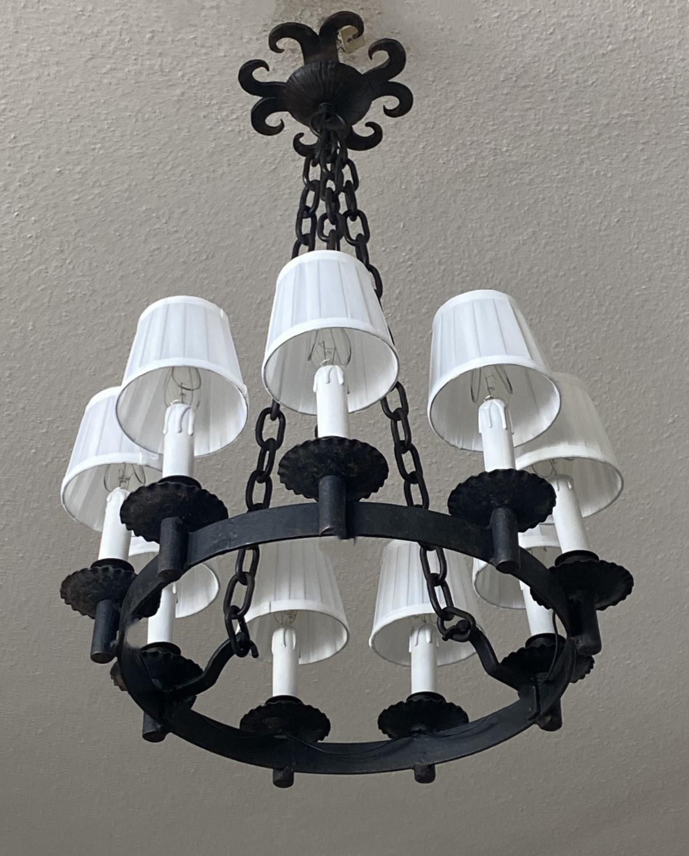 French Country Spanish Colonial Style Wrought Iron Nine-Light Chandelier For Sale 1