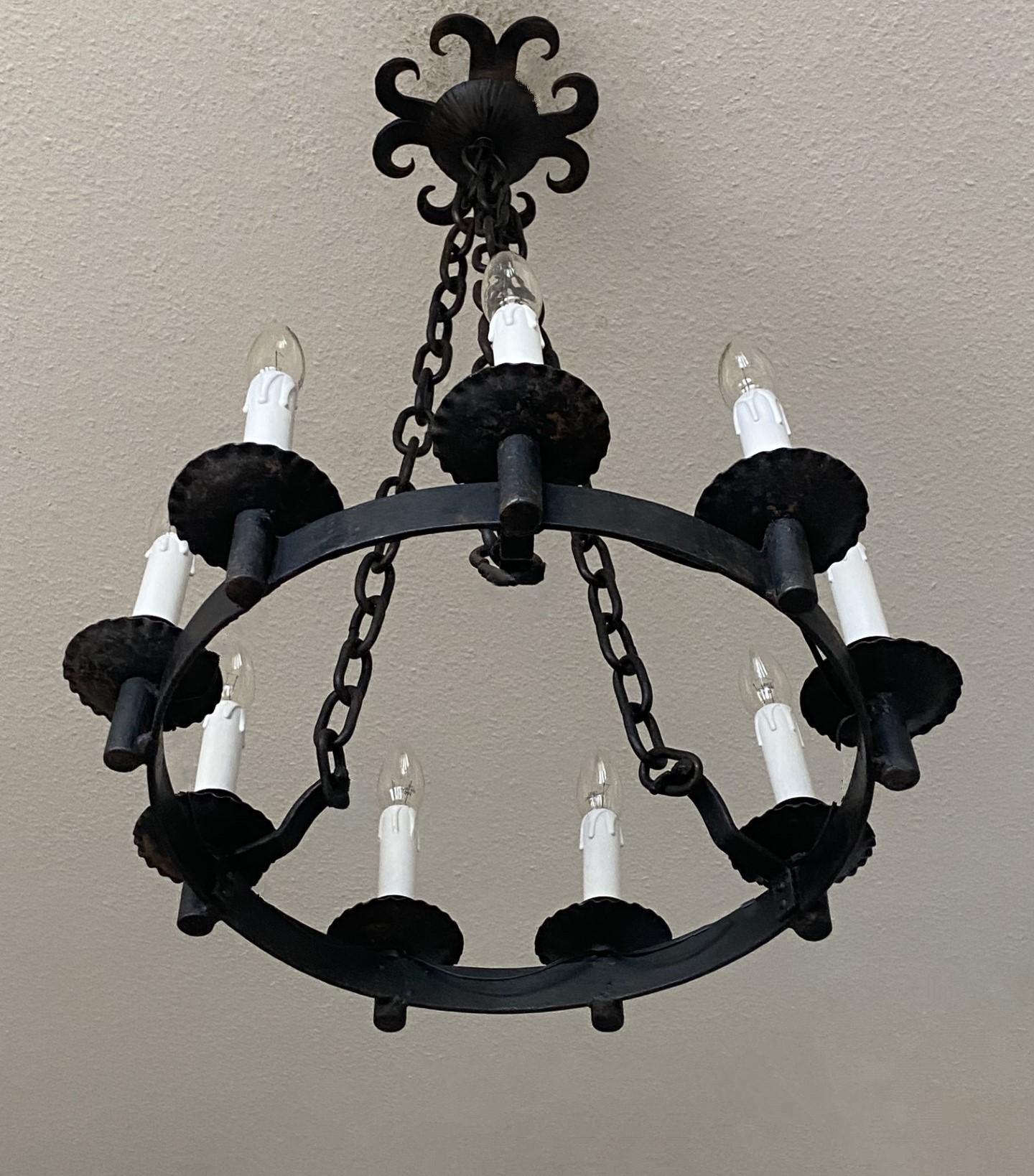 French Provincial Hand Forged Iron Nine-Light-Light Chandelier, Electrified For Sale 1
