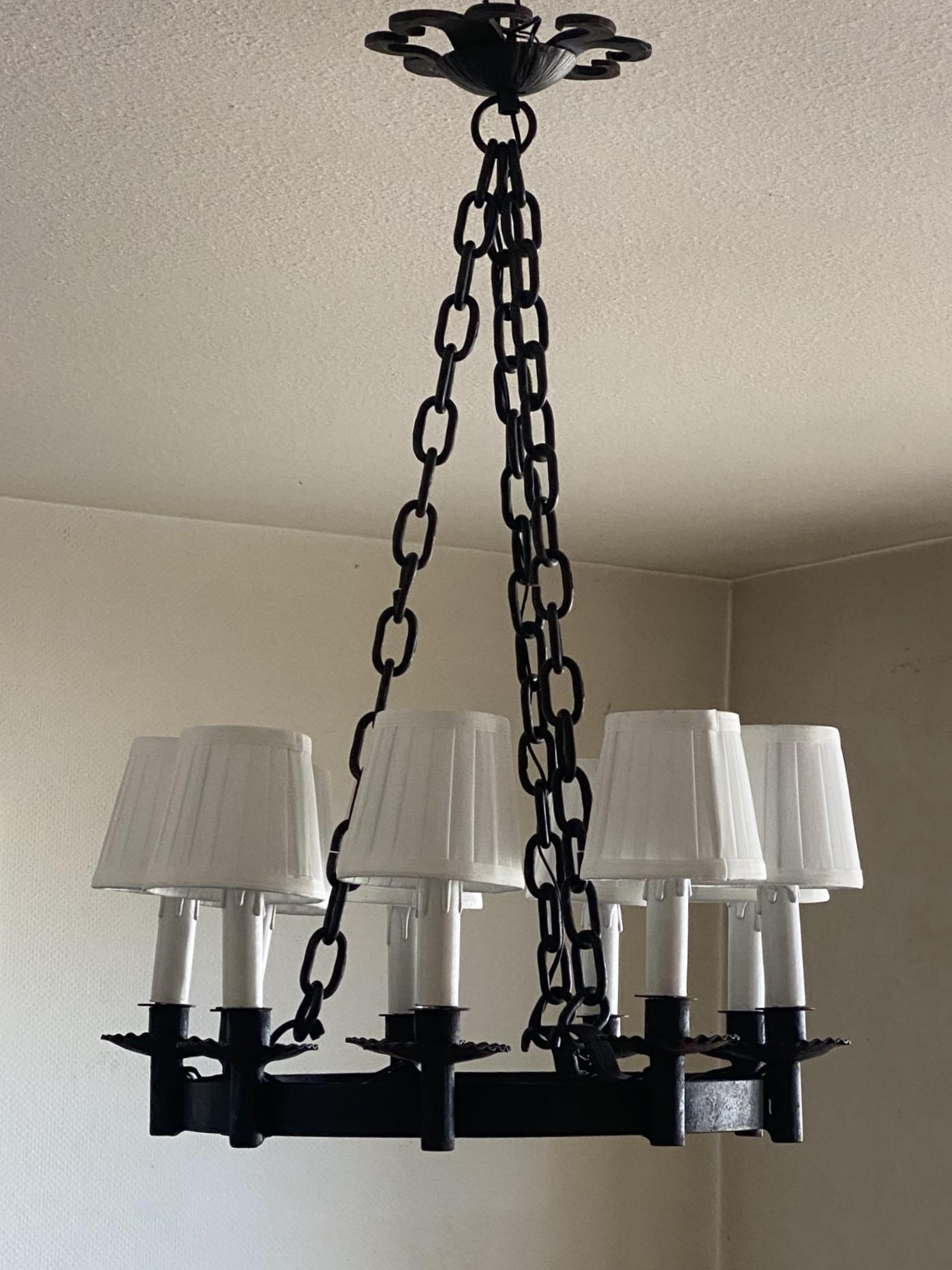 Hand-Crafted French Country Spanish Colonial Style Wrought Iron Nine-Light Chandelier For Sale