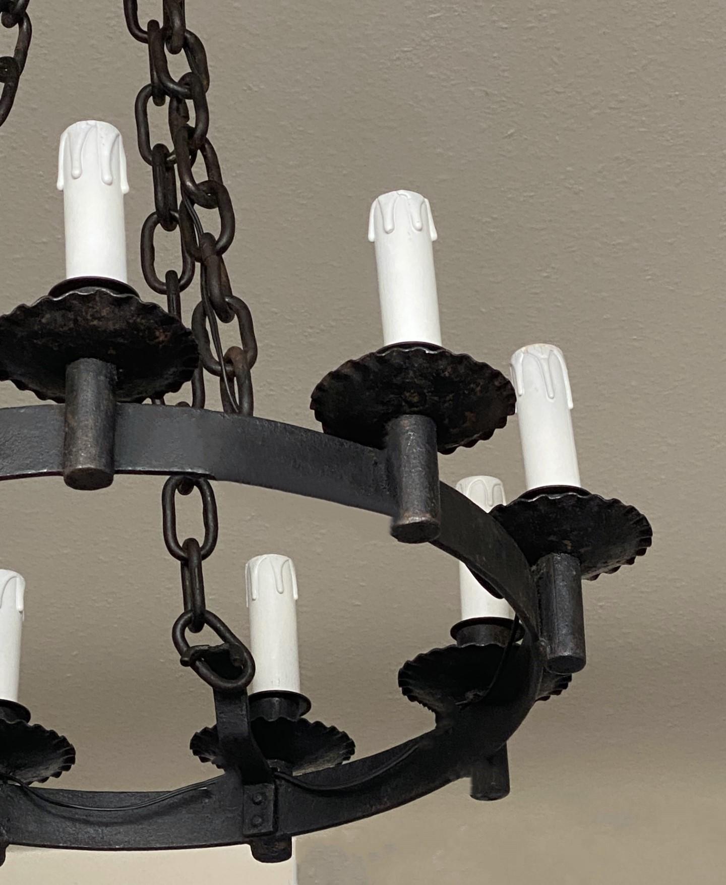 French Country Spanish Colonial Style Wrought Iron Nine-Light Chandelier For Sale 3