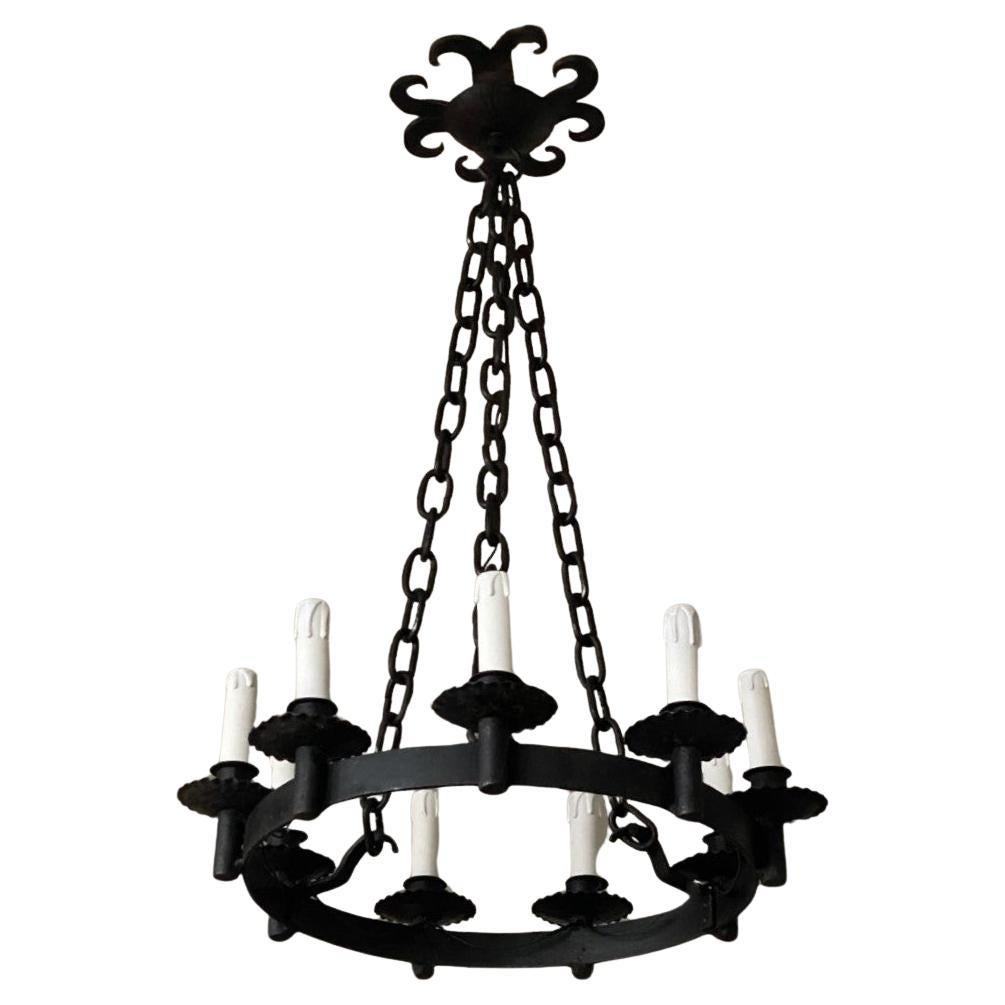 French Country Spanish Colonial Style Wrought Iron Nine-Light Chandelier For Sale 6