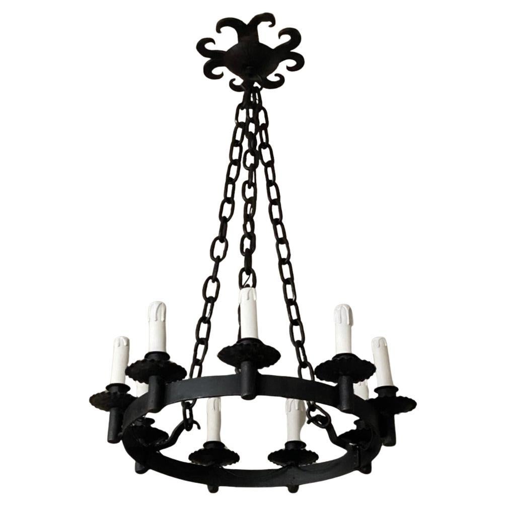 French Country Spanish Colonial Style Wrought Iron Nine-Light Chandelier For Sale 5