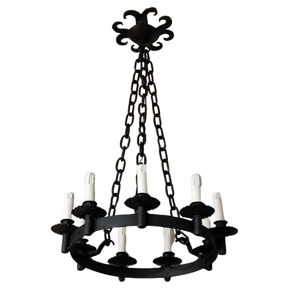 French Folk Art Forged Iron Nine-Light Chandelier, Electrified