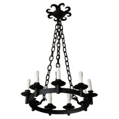 Antique French Provincial Hand Forged Iron Nine-Light-Light Chandelier, Electrified