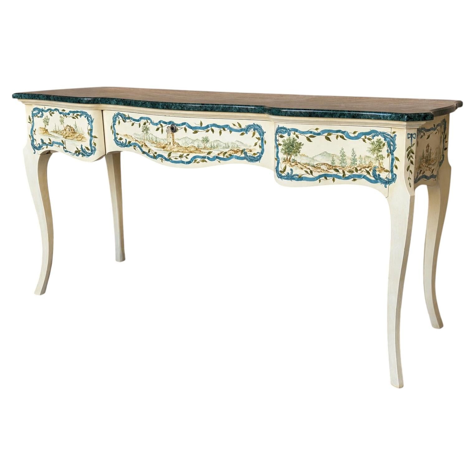 French Provincial Hand-Painted Console Table with Green Marble Top and Drawers
