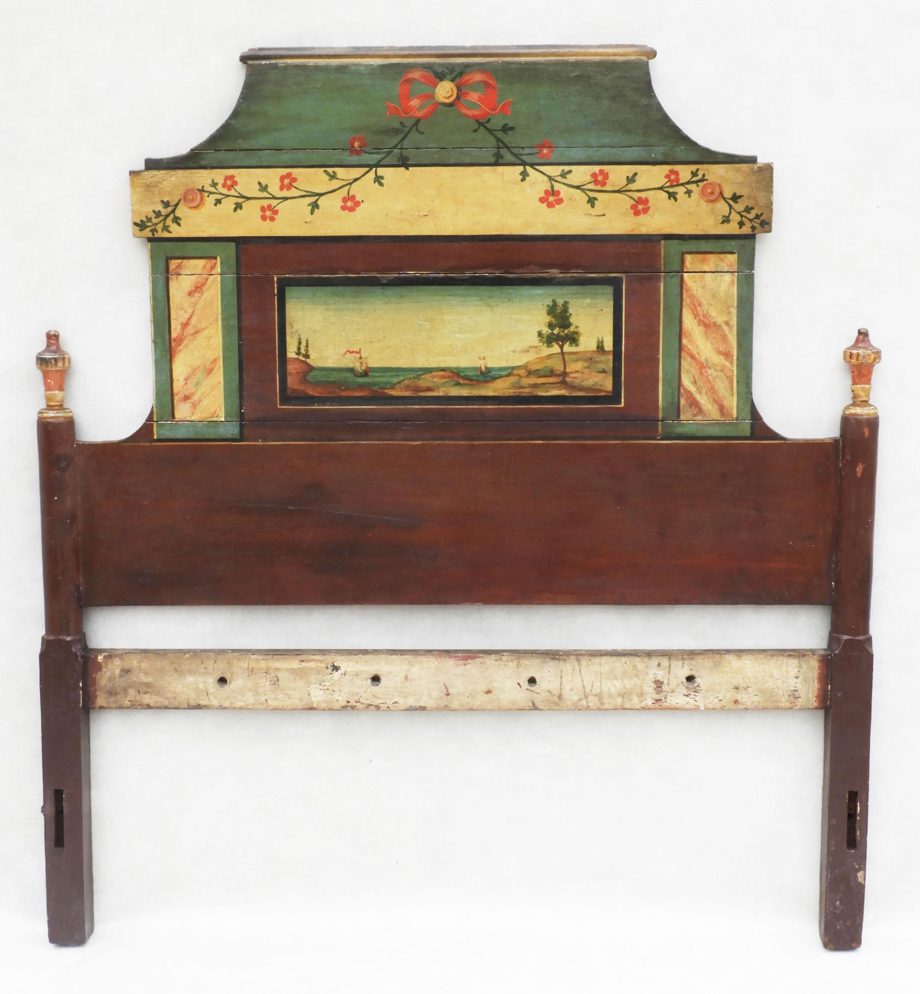 French provincial hand-painted headboard, a fabulous example of early 19th century French 'Arte Populaire'.
A rare, one-of-a-kind headboard beautifully hand-decorated with pretty floral swags and a charming maritime seascape.  
The post and plank