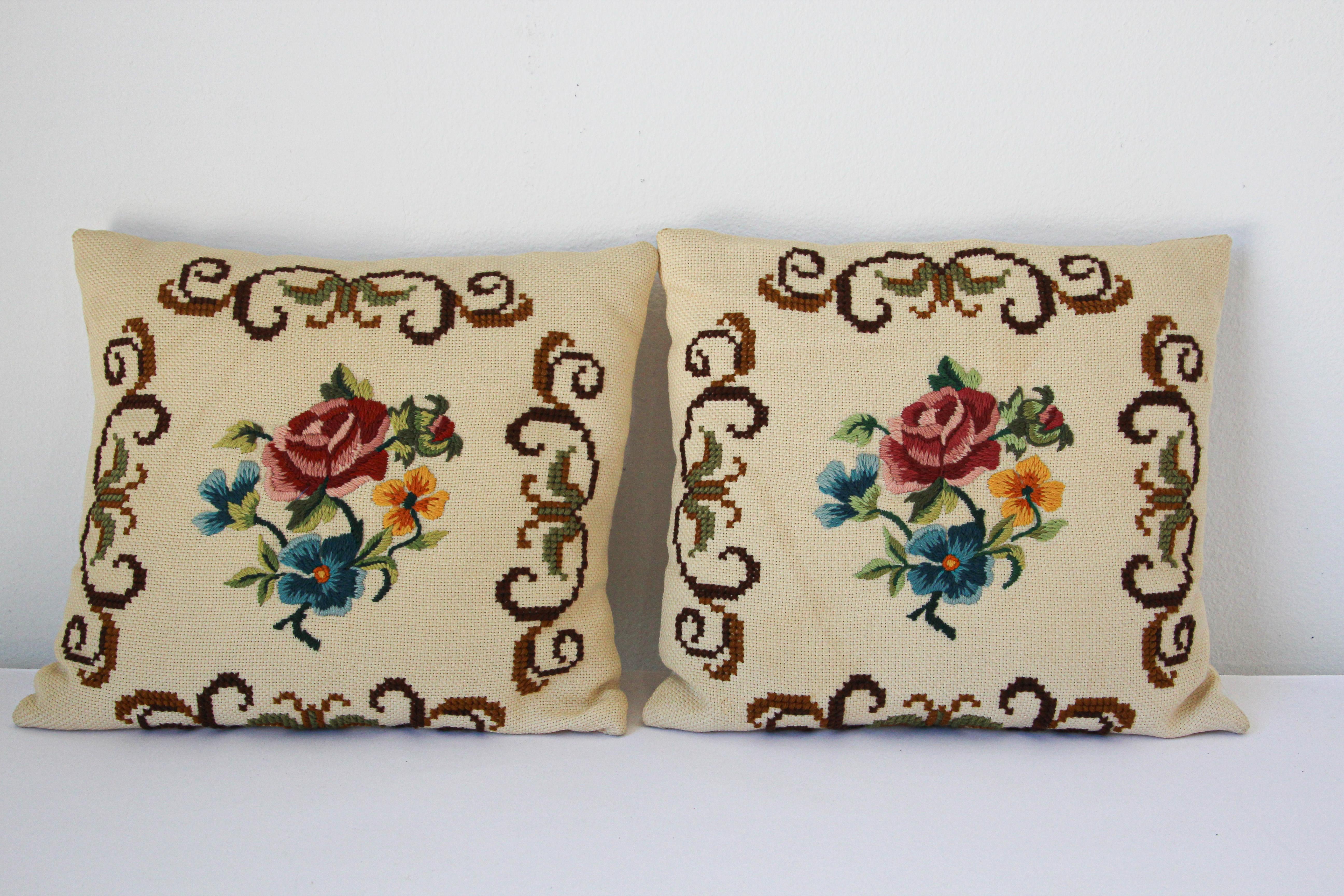 Pair of vintage French provincial botanical pattern decorative throw pillows.
Needlepoint Retro tapestry pillows in colors ranging from red, pink and blush to the luscious olive green and brown.
This French country style handmade needlepoint