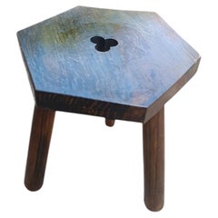 French Provincial Hexagonal Tripod Stool, Solid Oak, Trefoil Cutout, 1950s