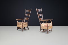 French Provincial Highback Armchairs in Oak Rope & Floral Upholstery, France'30s