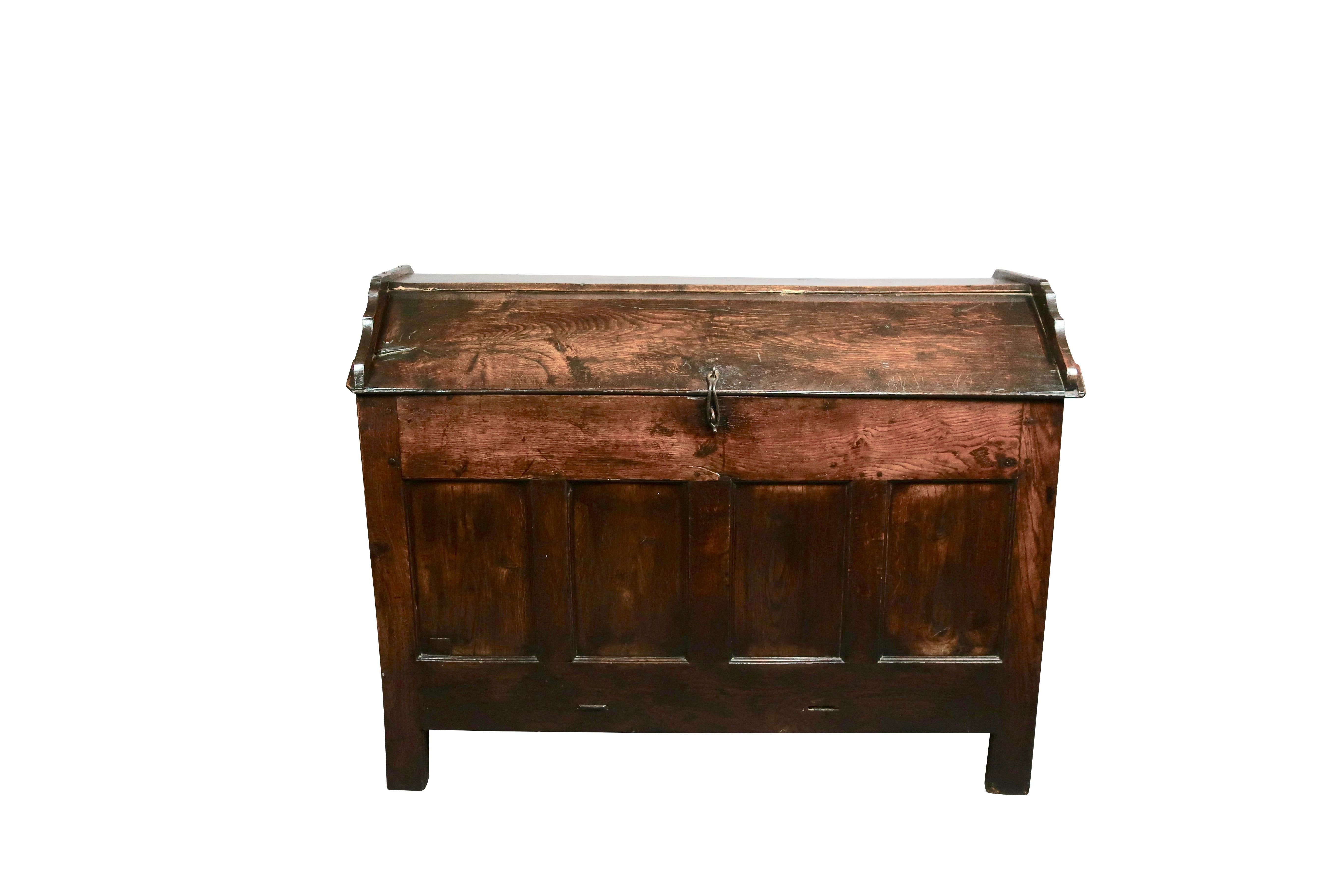 A French hinged lid grain bin, 19th century, in the provincial style, the carved hinged lid over a paneled front carved with four panels between rustic boarded end supports. Original latch closure. Perfect blanket storage solution measuring 30.75