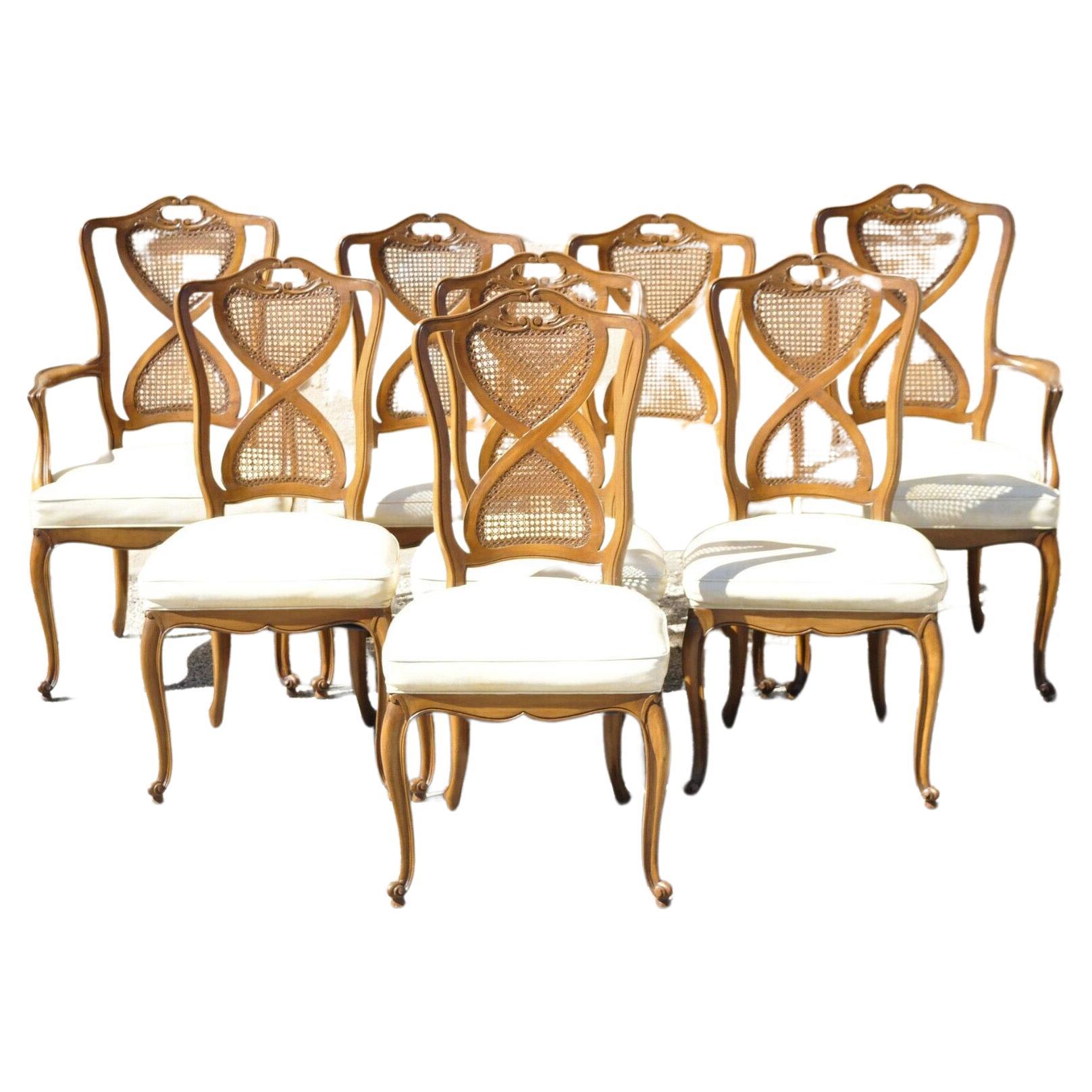 French Provincial Hollywood Regency Cane Back Pretzel Twist Dining Chair, Set 8