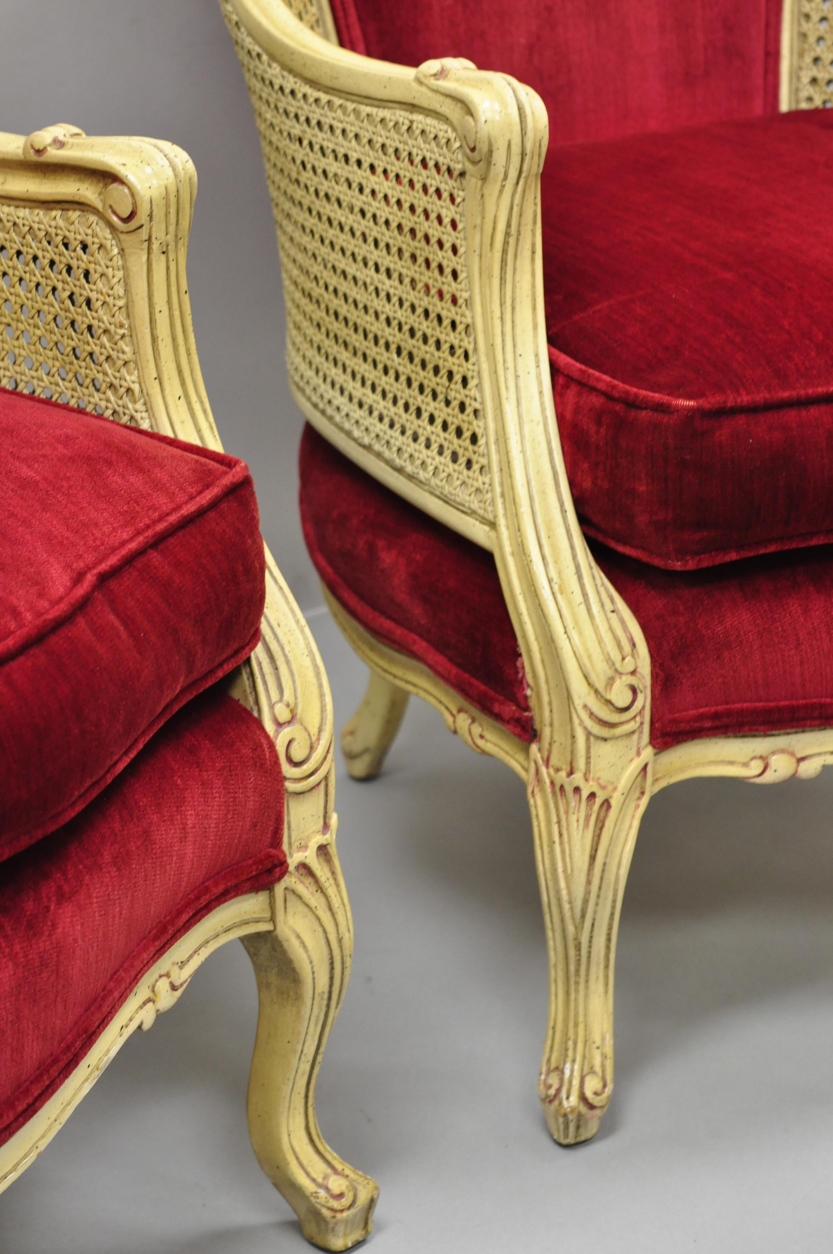 French Provincial Hollywood Regency Red Cane Bergere Club Arm Chairs, a Pair 5