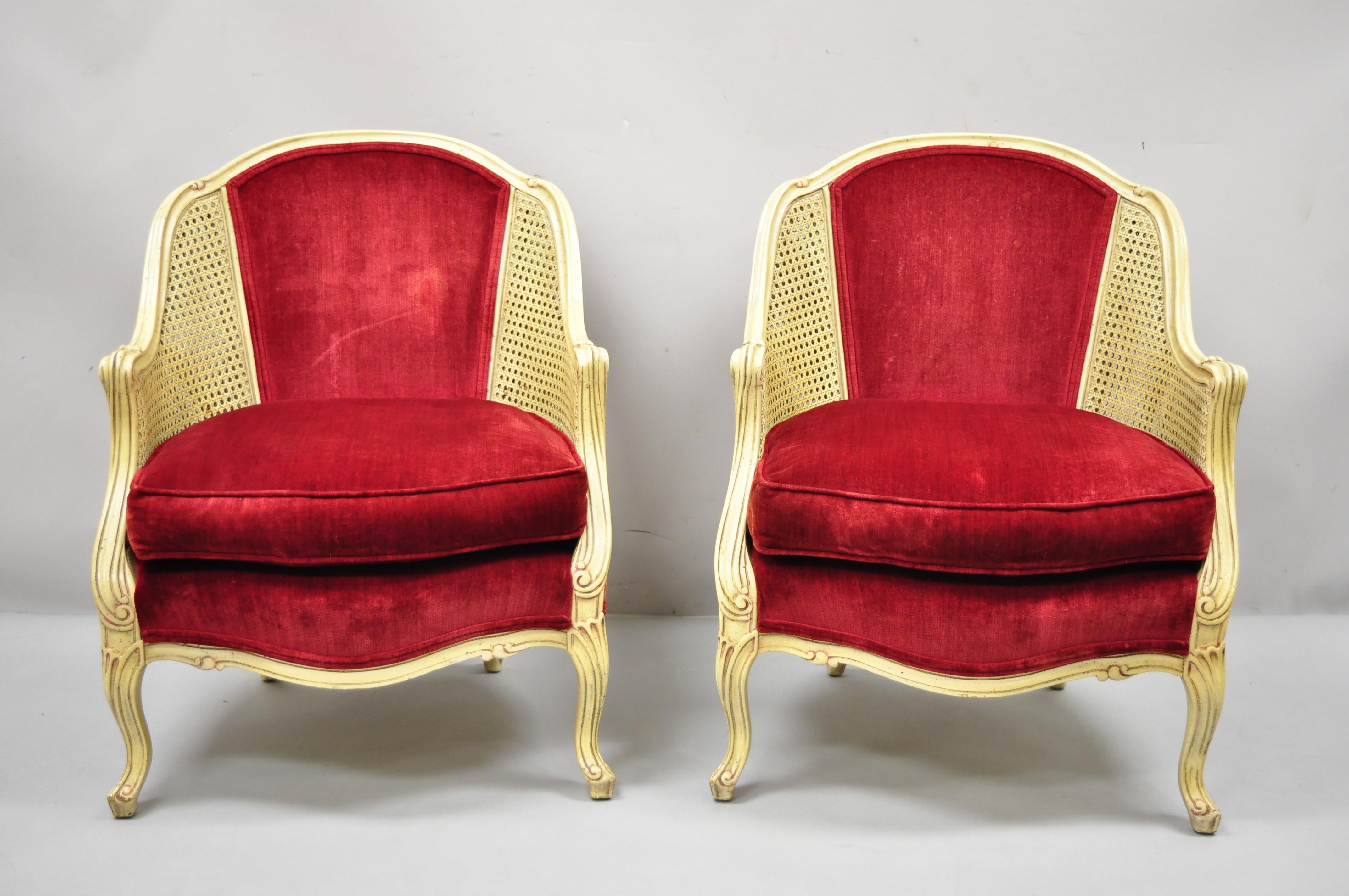 French Provincial Hollywood Regency Red Cane Bergere Club Arm Chairs, a Pair 7