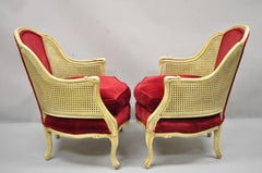 French Provincial Hollywood Regency Red Cane Bergere Club Arm Chairs, a Pair