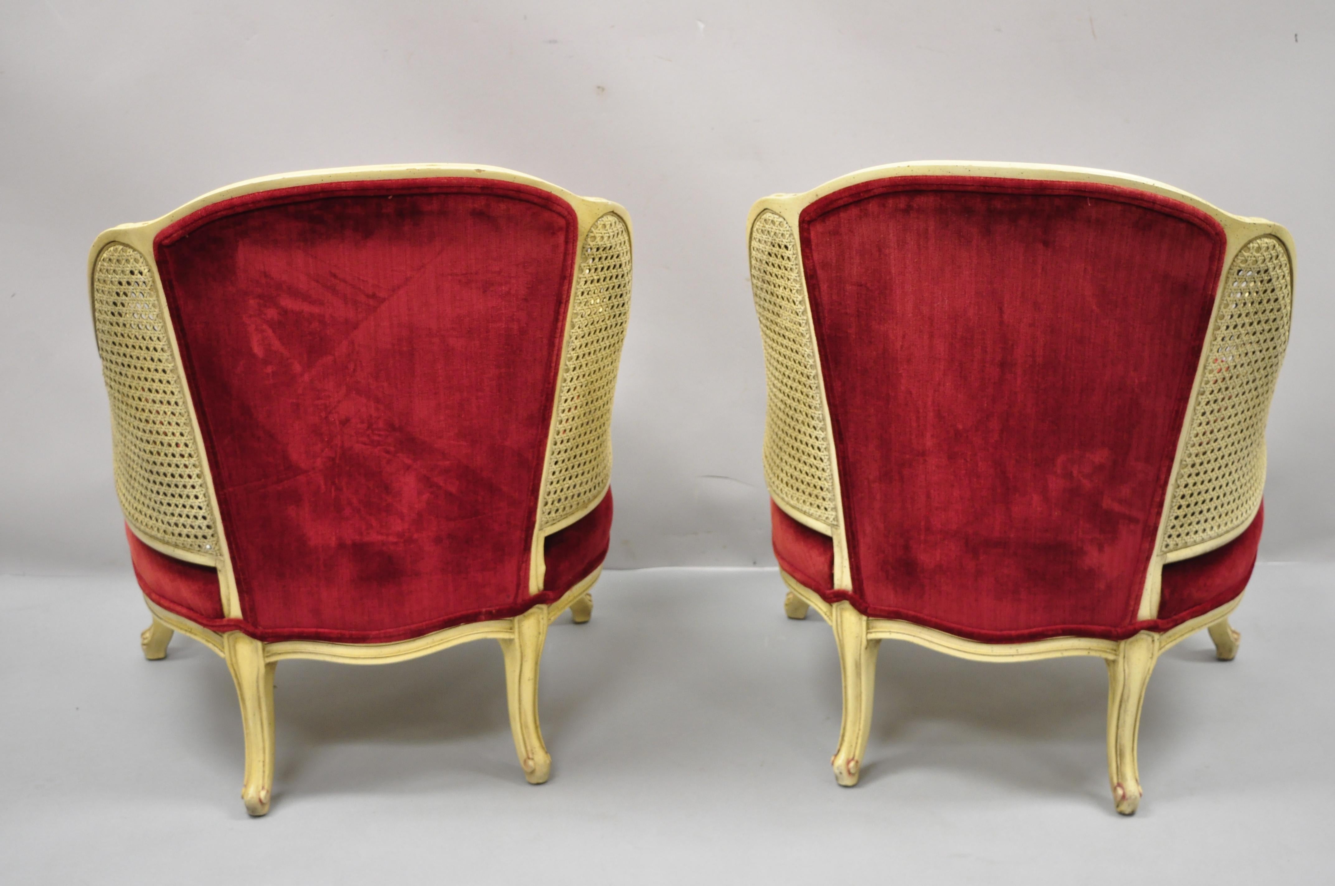 North American French Provincial Hollywood Regency Red Cane Bergere Club Arm Chairs, a Pair