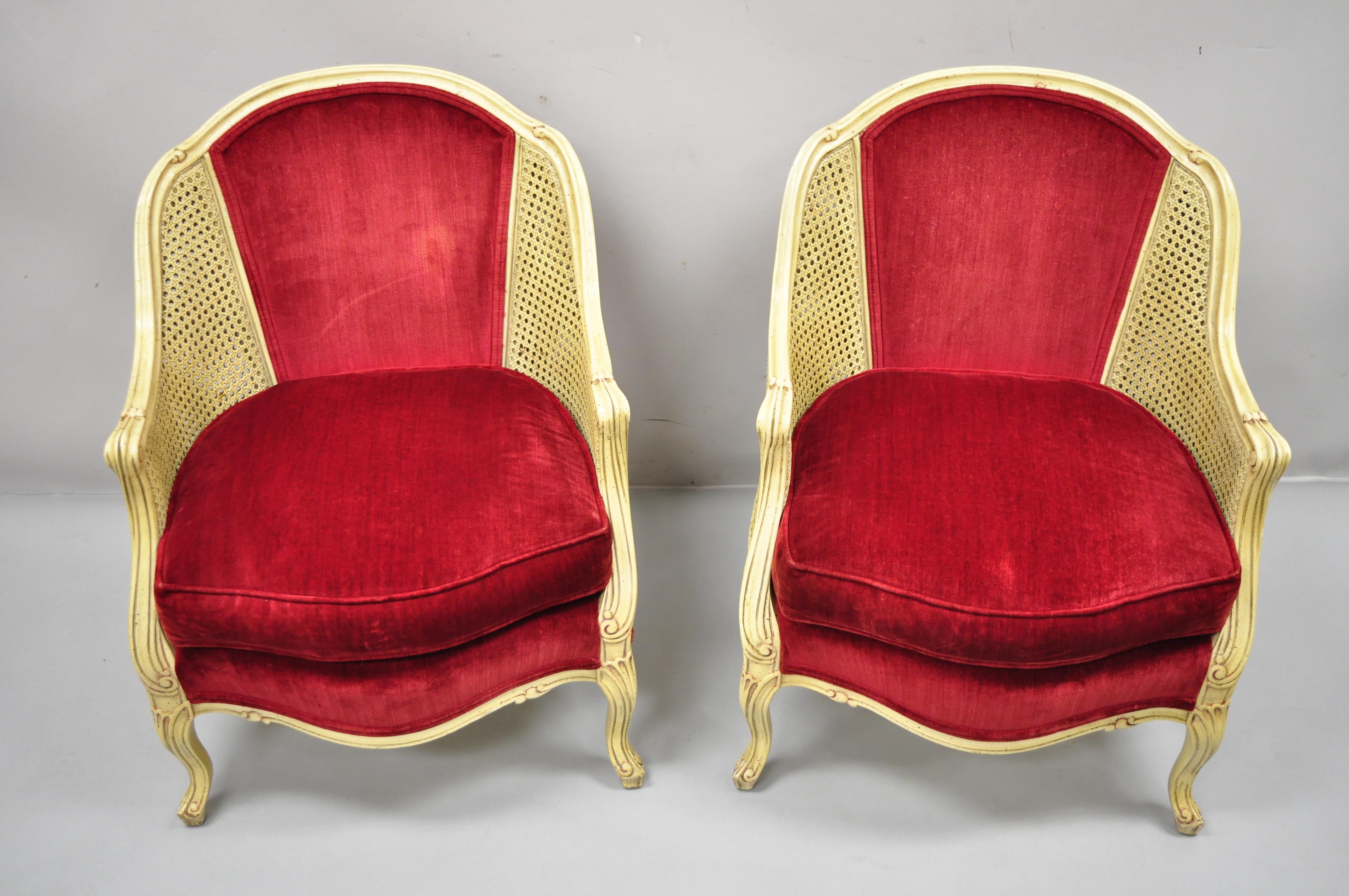 French Provincial Hollywood Regency Red Cane Bergere Club Arm Chairs, a Pair In Good Condition In Philadelphia, PA