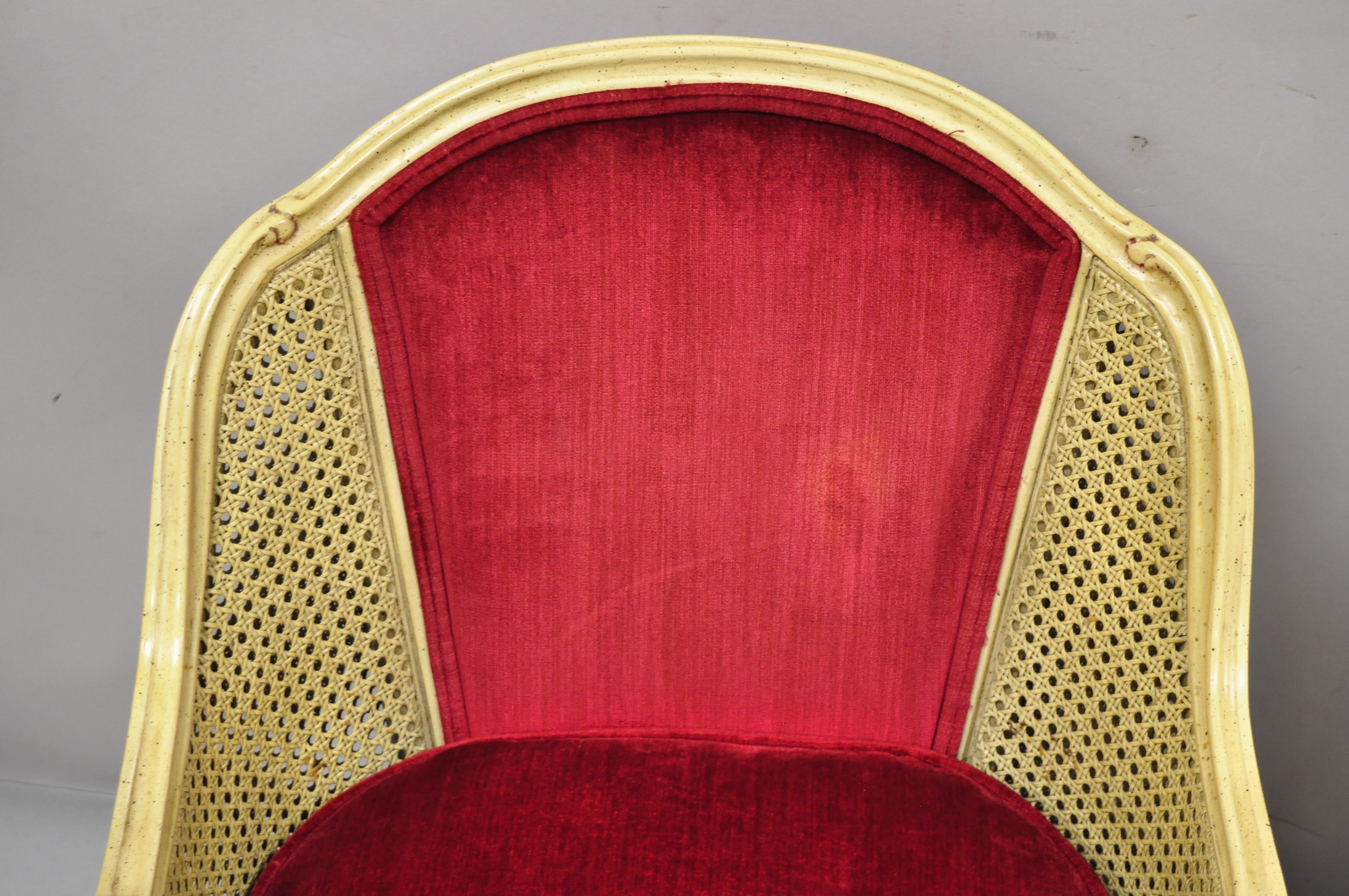 20th Century French Provincial Hollywood Regency Red Cane Bergere Club Arm Chairs, a Pair