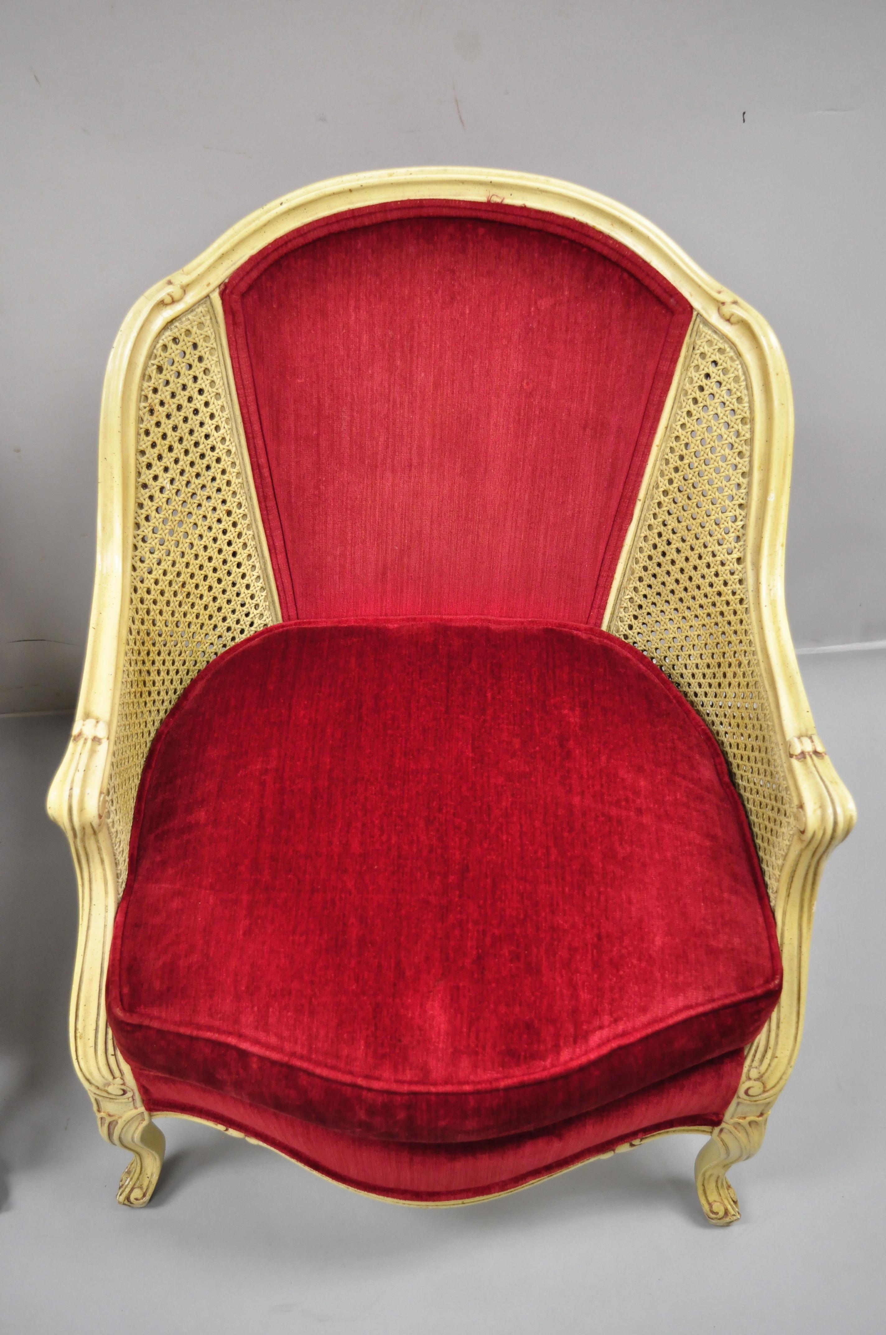 French Provincial Hollywood Regency Red Cane Bergere Club Arm Chairs, a Pair 3