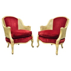 French Provincial Hollywood Regency Red Cane Bergere Club Arm Chairs, a Pair