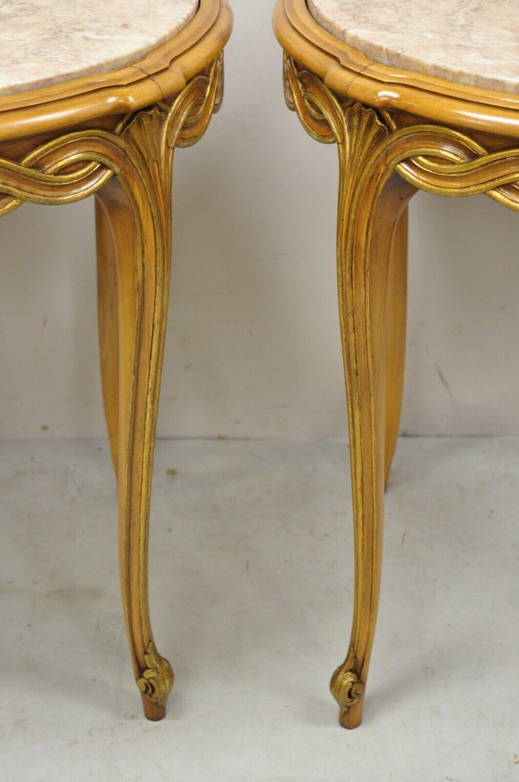 French Provincial Hollywood Regency Round Pink Marble Top Side Tables, a Pair For Sale 6