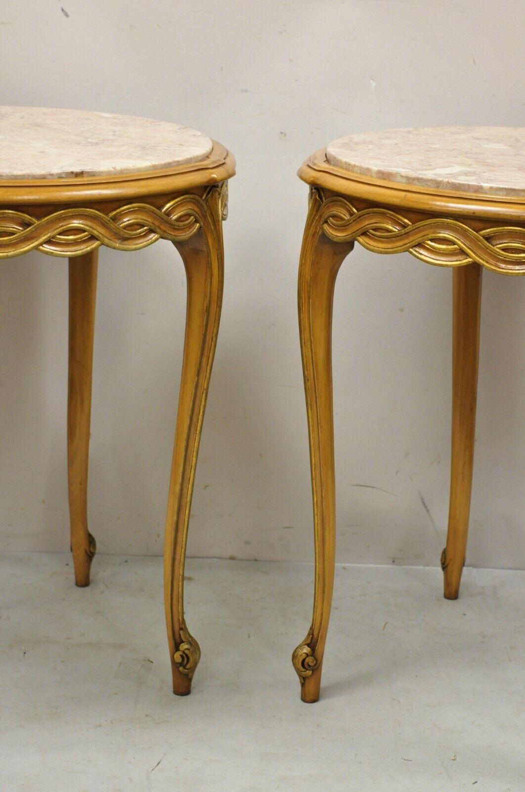 French Provincial Hollywood Regency Round Pink Marble Top Side Tables, a Pair For Sale 7