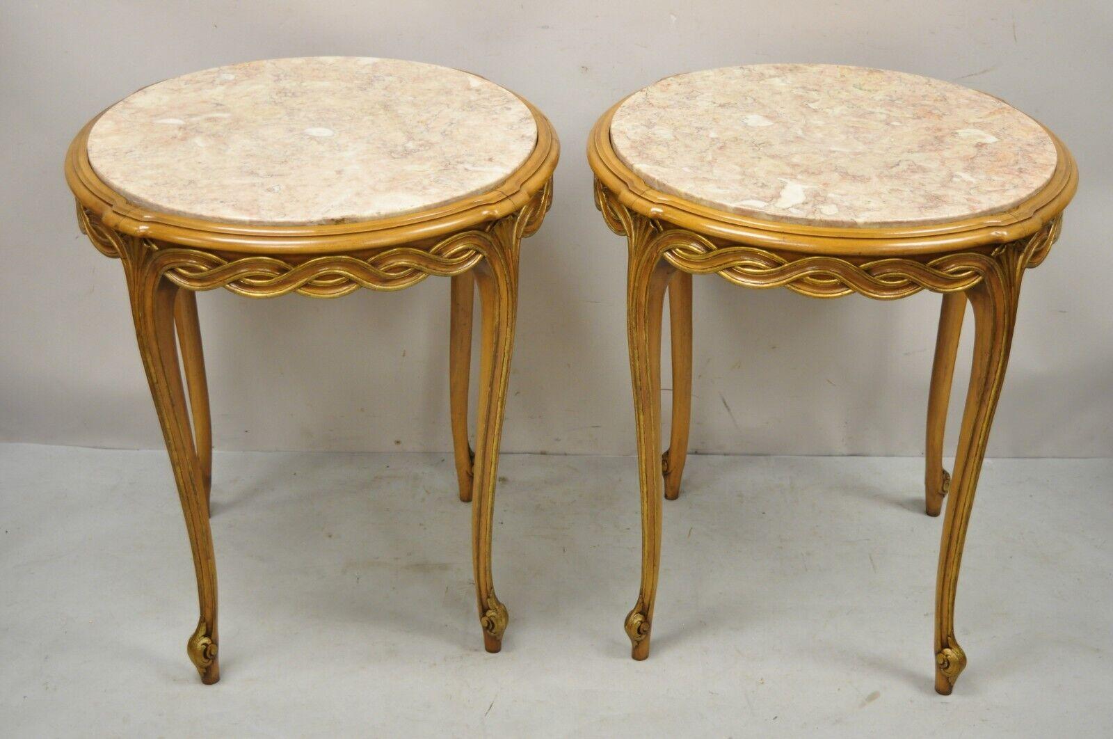 French Provincial Hollywood Regency Round Pink Marble Top Side Tables, a Pair For Sale 9