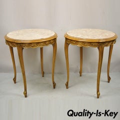 French Provincial Hollywood Regency Round Pink Marble Top Side Tables, a Pair