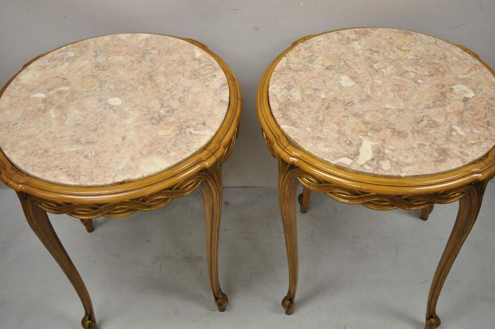 French Provincial Hollywood Regency Round Pink Marble Top Side Tables, a Pair For Sale 1