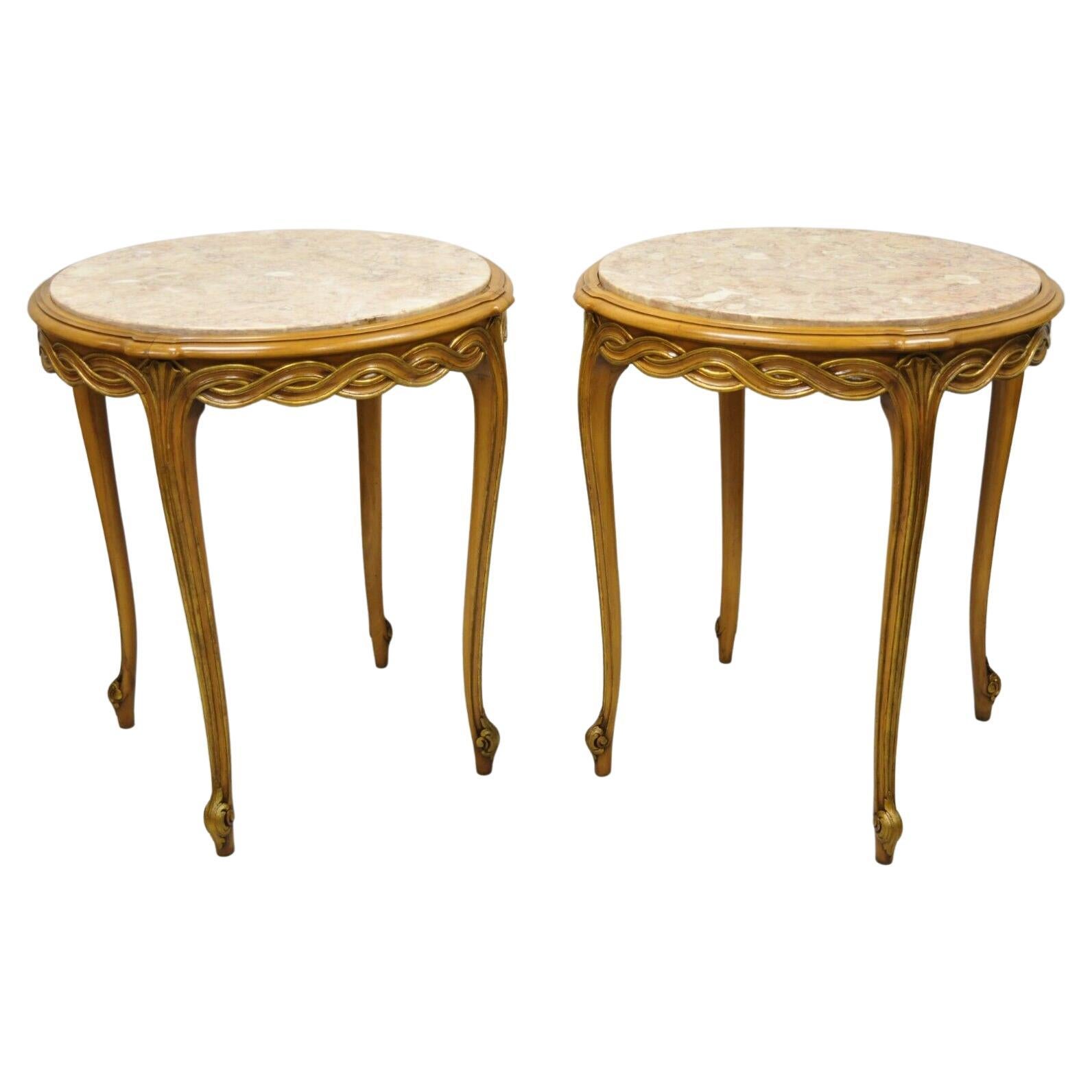 French Provincial Hollywood Regency Round Pink Marble Top Side Tables, a Pair For Sale