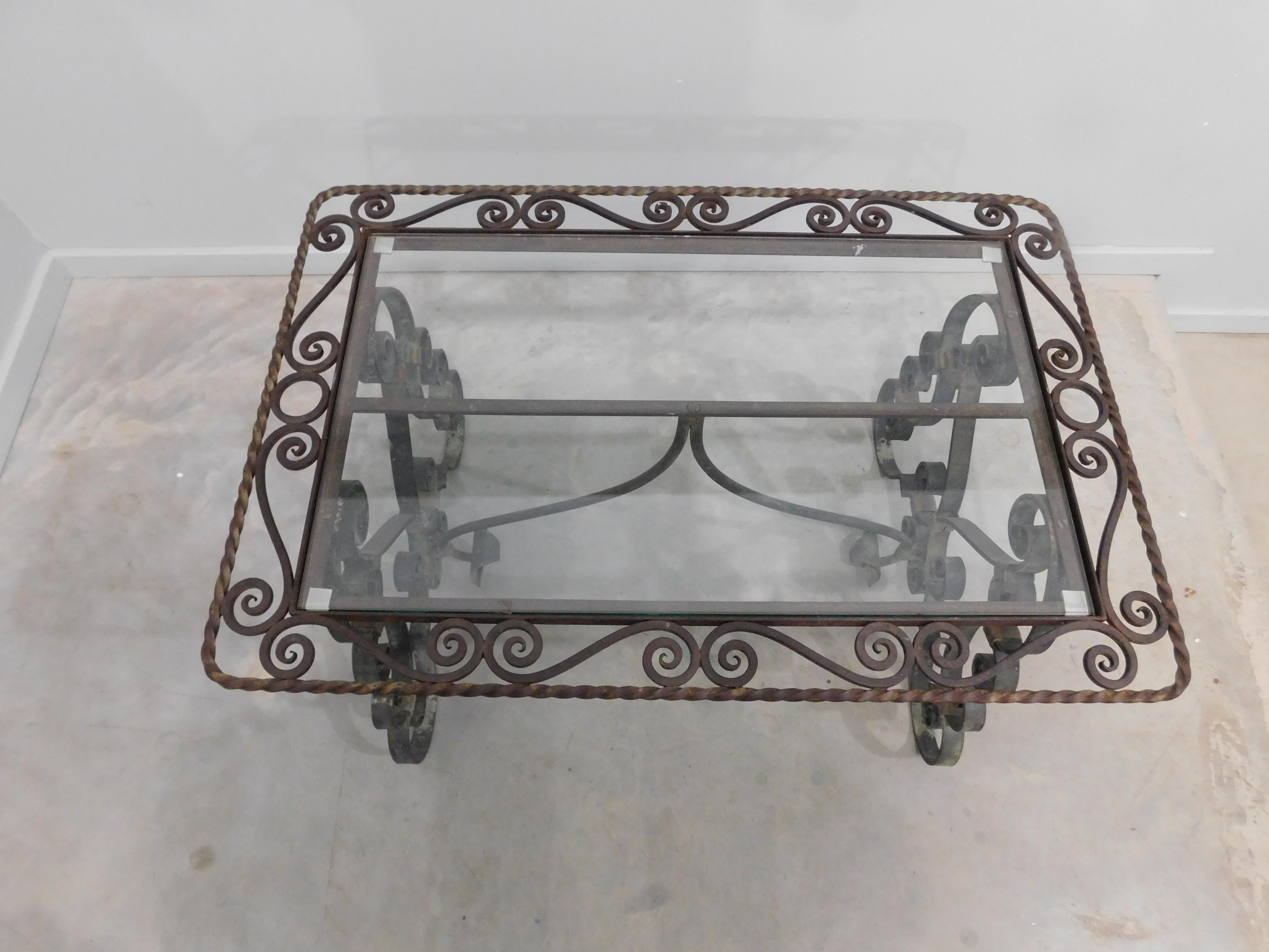 French Provincial Glass-Top and Verde Green Wrought Iron Cocktail Table, France, 1920 For Sale
