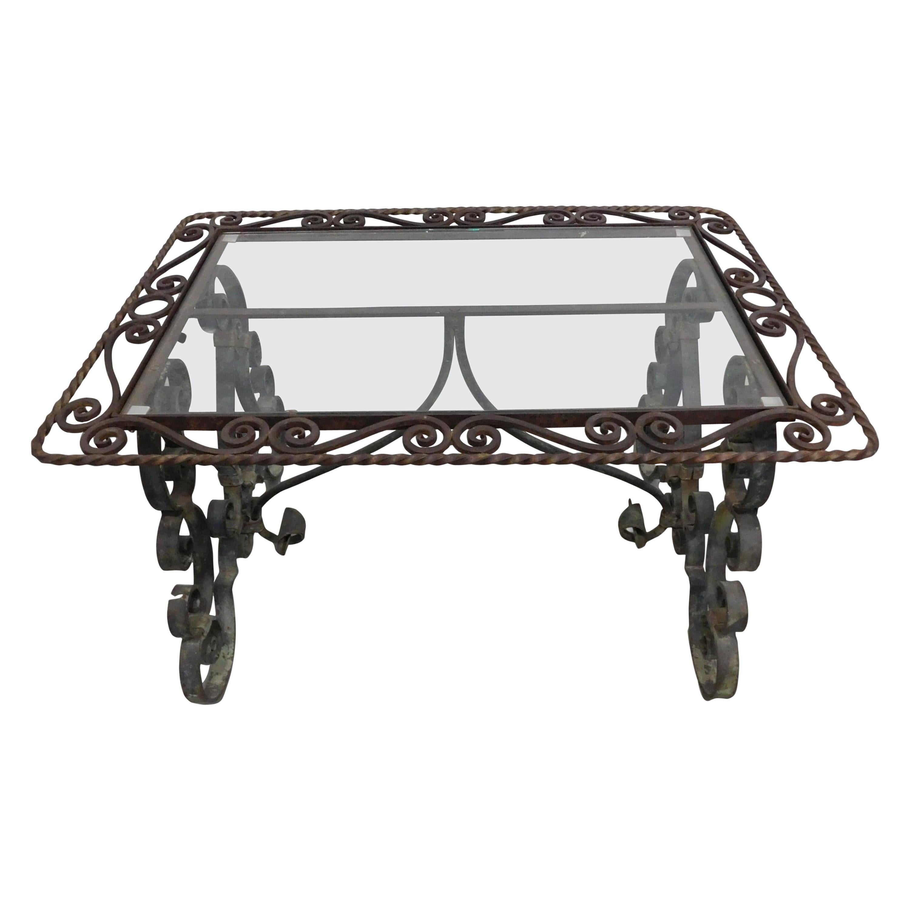 Provincial Glass-Top and Verde Green Wrought Iron Cocktail Table, France, 1920 For Sale