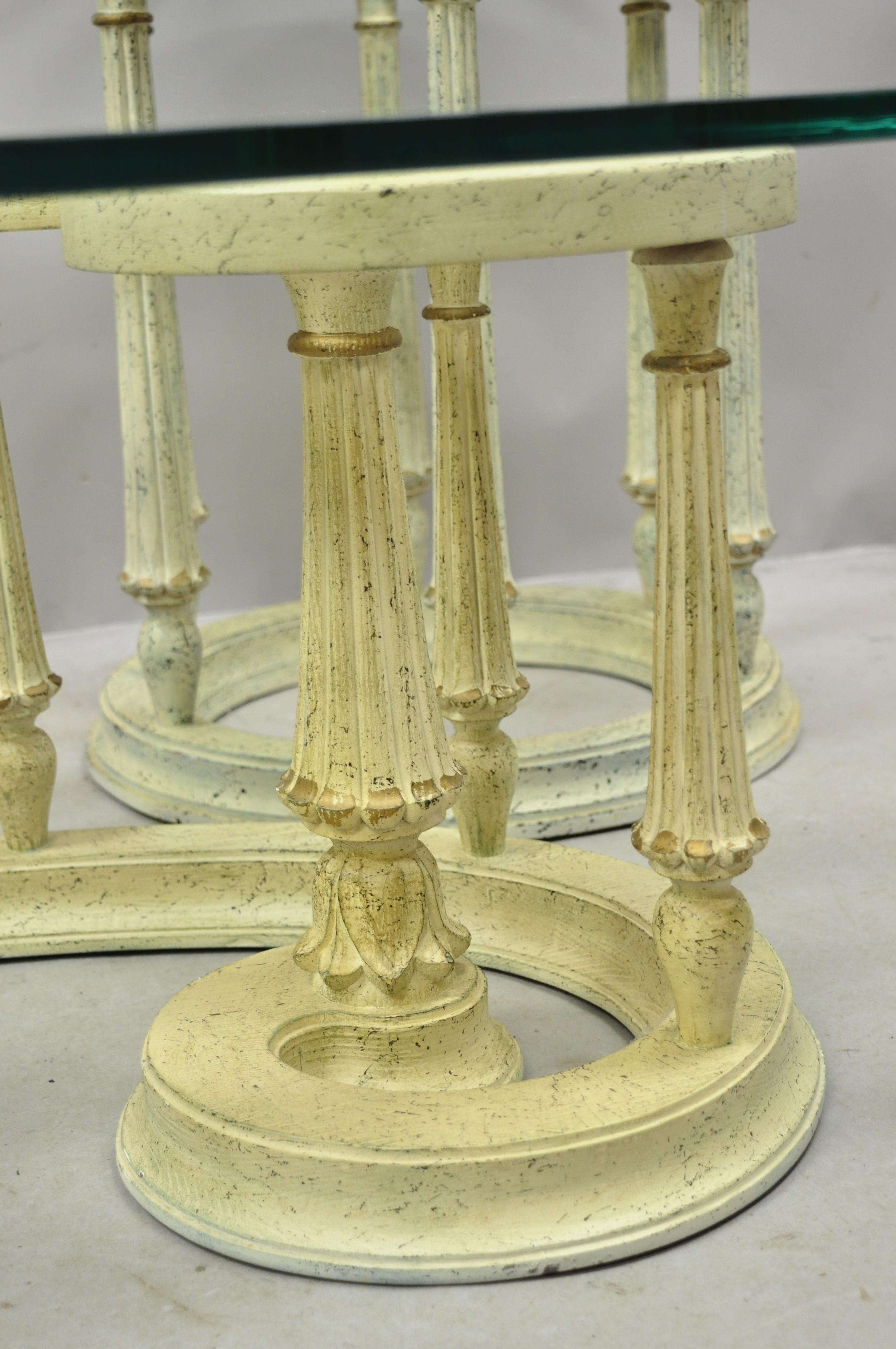 French Provincial Italian Scrollwork Wood Base Glass Top Coffee Table, 3 Pc Set For Sale 4