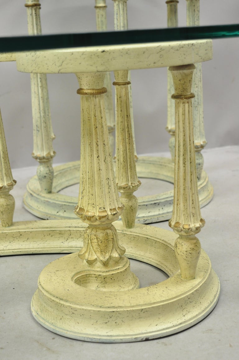 French Provincial Italian Scrollwork Wood Base Glass Top Coffee Table, 3 Pc Set For Sale at 1stDibs