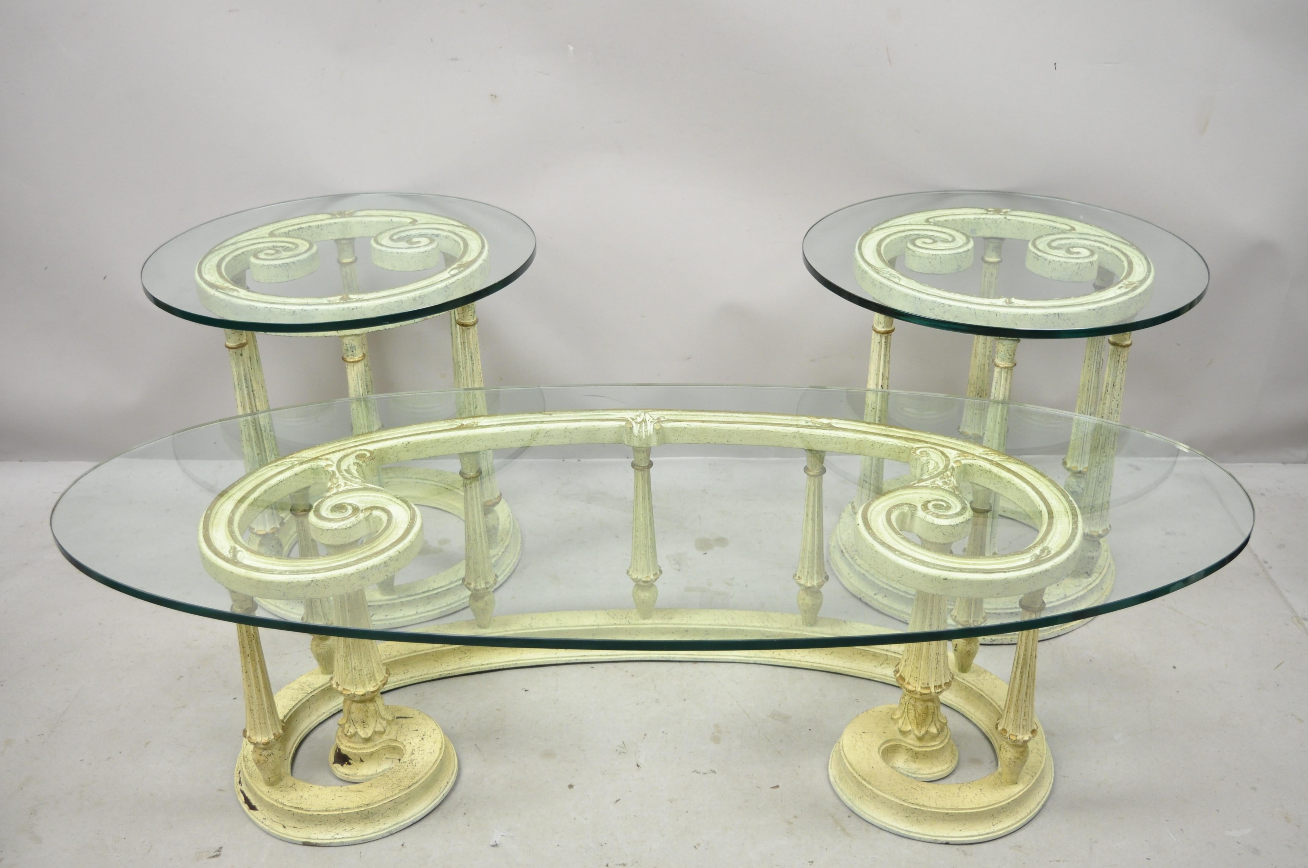 French Provincial Italian Scrollwork Wood Base Glass Top Coffee Table, 3 Pc Set For Sale 6