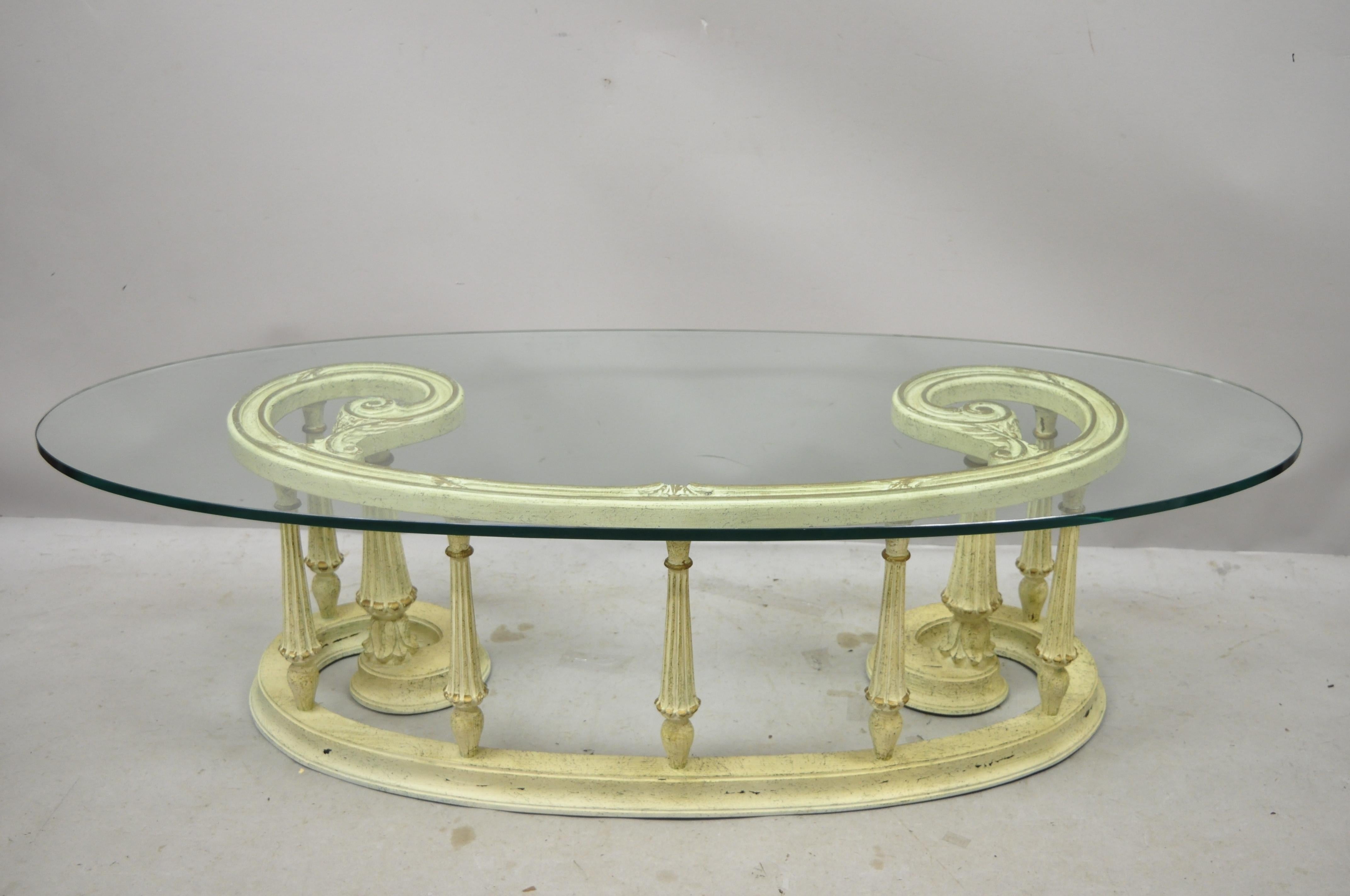 French Provincial Italian Scrollwork wood base glass top coffee table set - 3pc set. Set includes (1) coffee table, (2) end tables, solid wood frames, thick glass tops, cream distress painted finish, scroll for frames, very nice vintage set, great