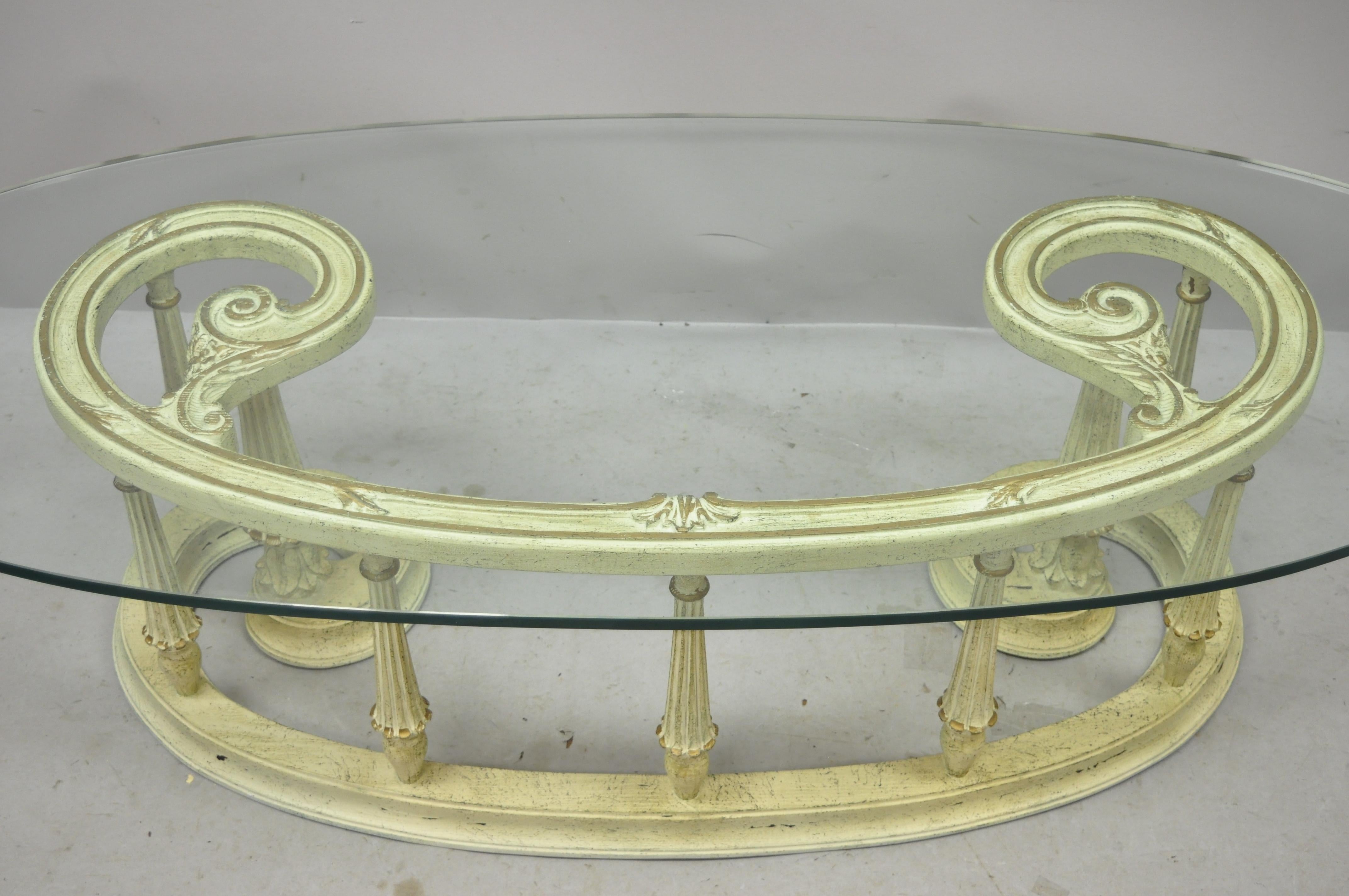 North American French Provincial Italian Scrollwork Wood Base Glass Top Coffee Table, 3 Pc Set For Sale