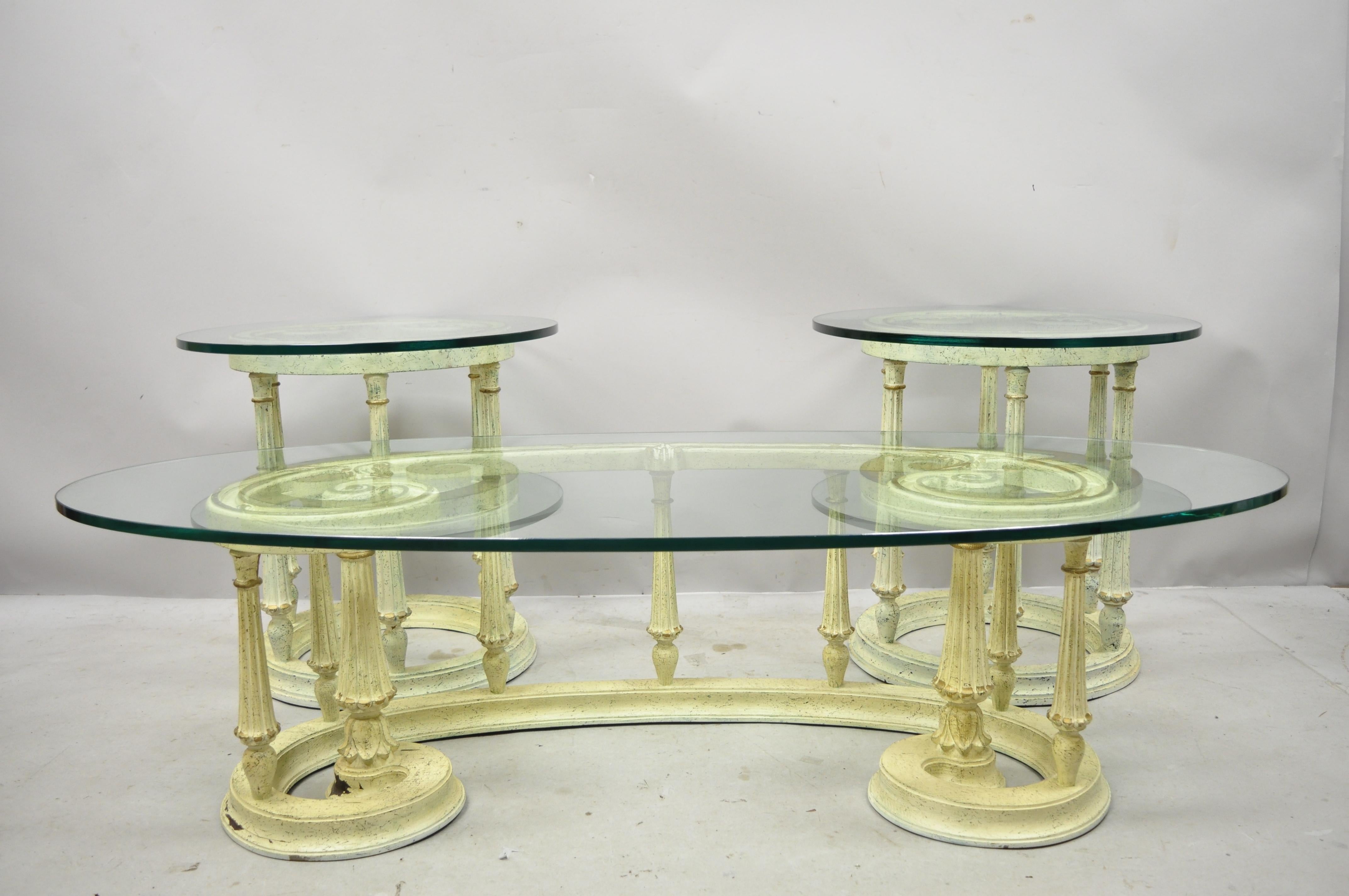 French Provincial Italian Scrollwork Wood Base Glass Top Coffee Table, 3 Pc Set In Good Condition For Sale In Philadelphia, PA