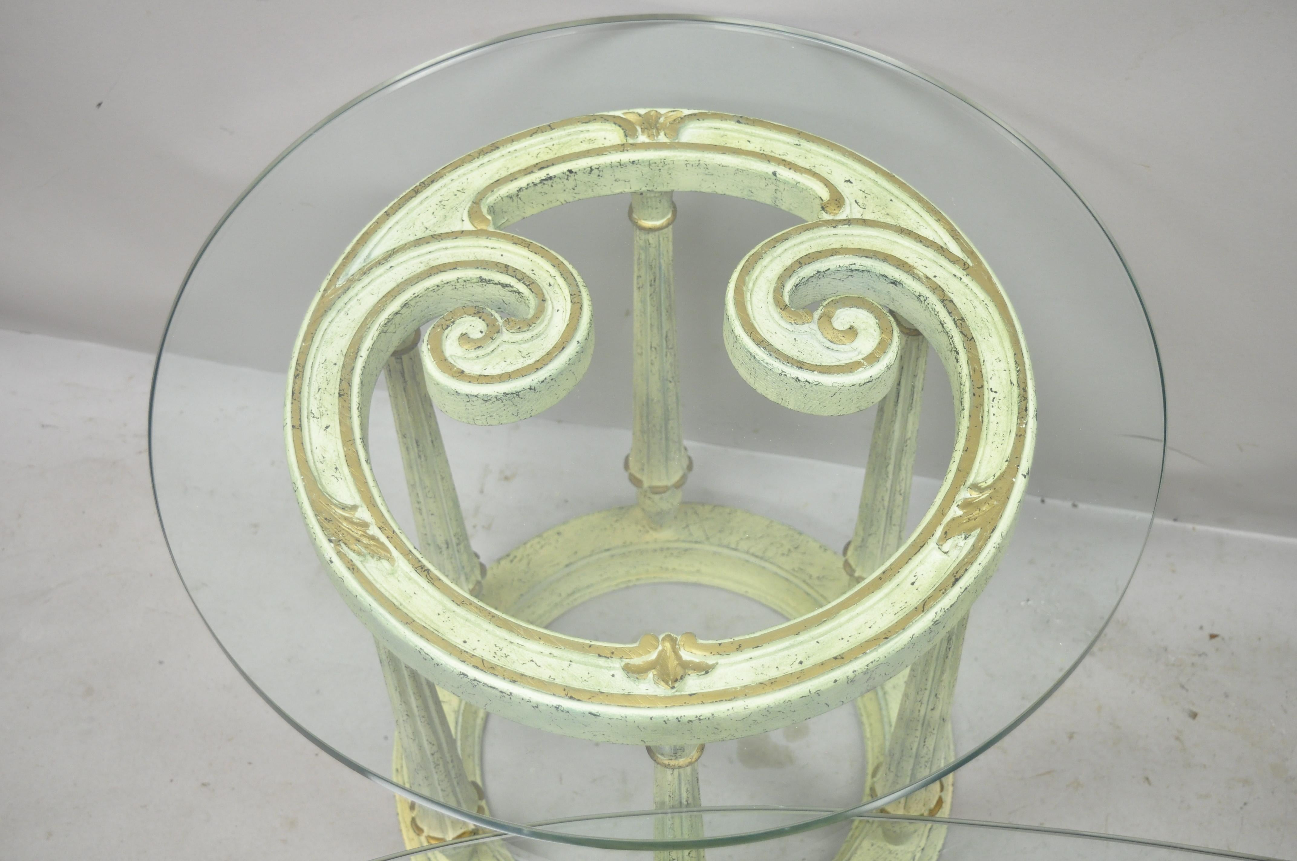 French Provincial Italian Scrollwork Wood Base Glass Top Coffee Table, 3 Pc Set For Sale 1