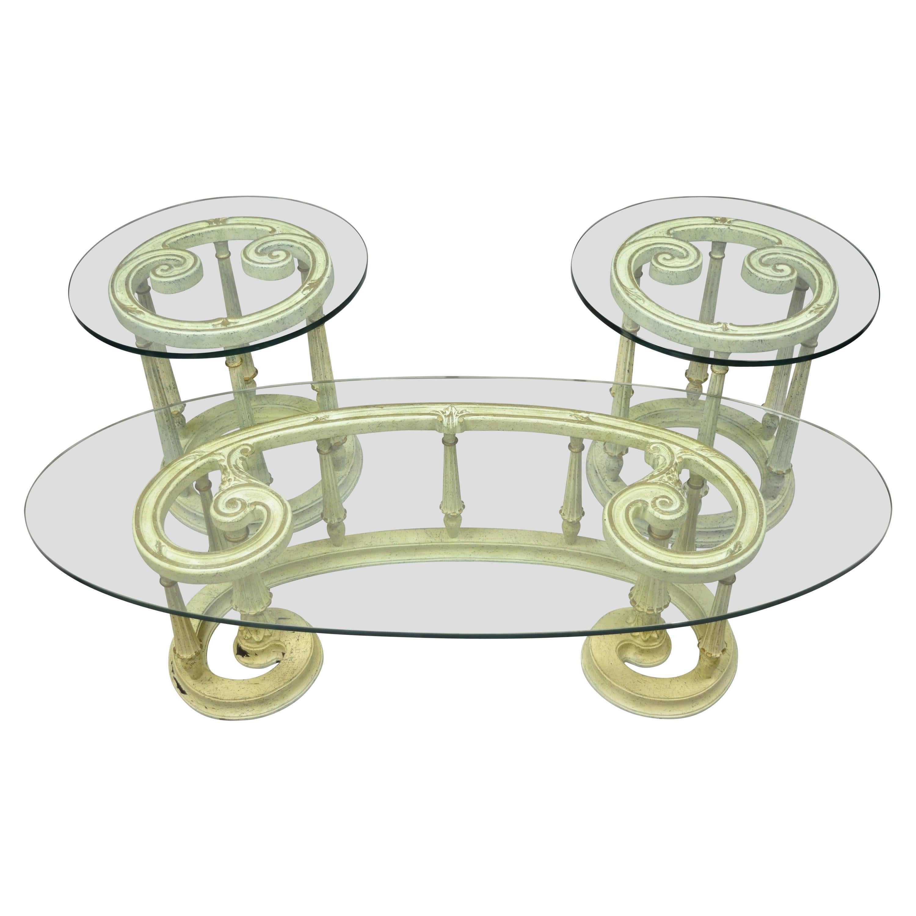 French Provincial Italian Scrollwork Wood Base Glass Top Coffee Table, 3 Pc Set For Sale
