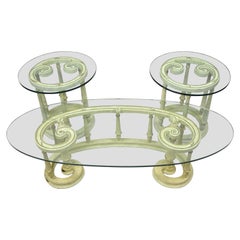 Vintage French Provincial Italian Scrollwork Wood Base Glass Top Coffee Table, 3 Pc Set