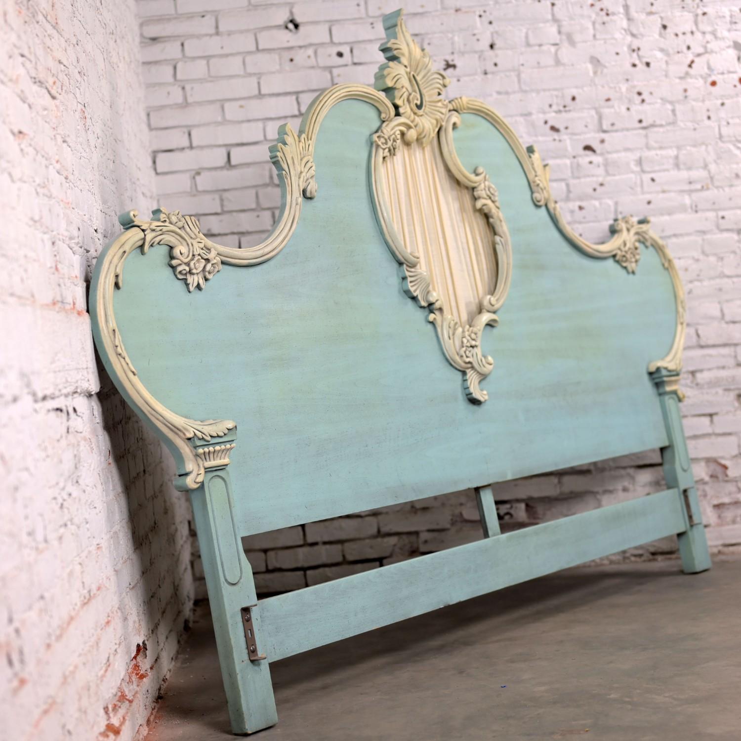 French Provincial King Headboard Powder Blue Ceruse Finish & Heavy Carved Detail For Sale 4