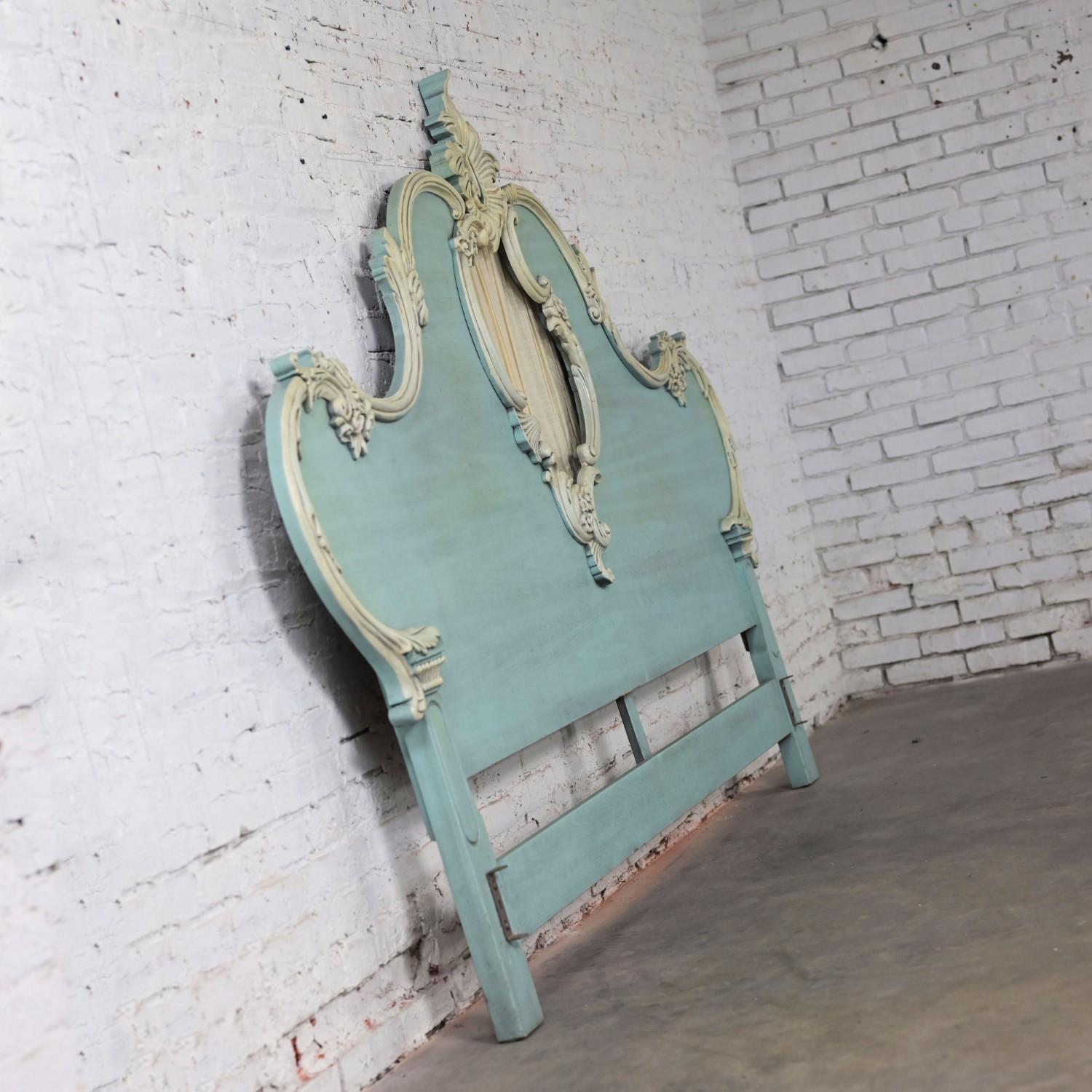French Provincial King Headboard Powder Blue Ceruse Finish & Heavy Carved Detail For Sale 5
