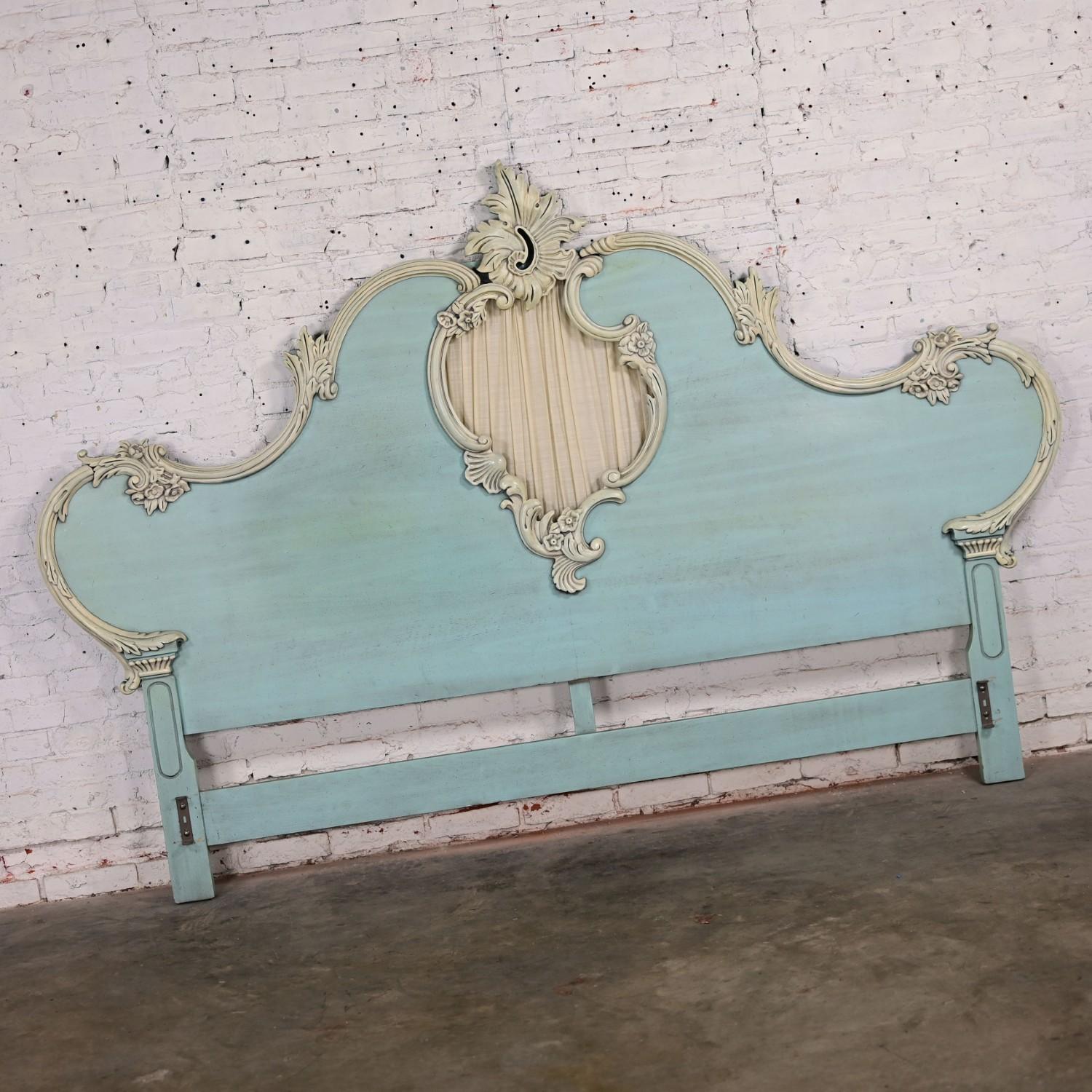 Unknown French Provincial King Headboard Powder Blue Ceruse Finish & Heavy Carved Detail For Sale
