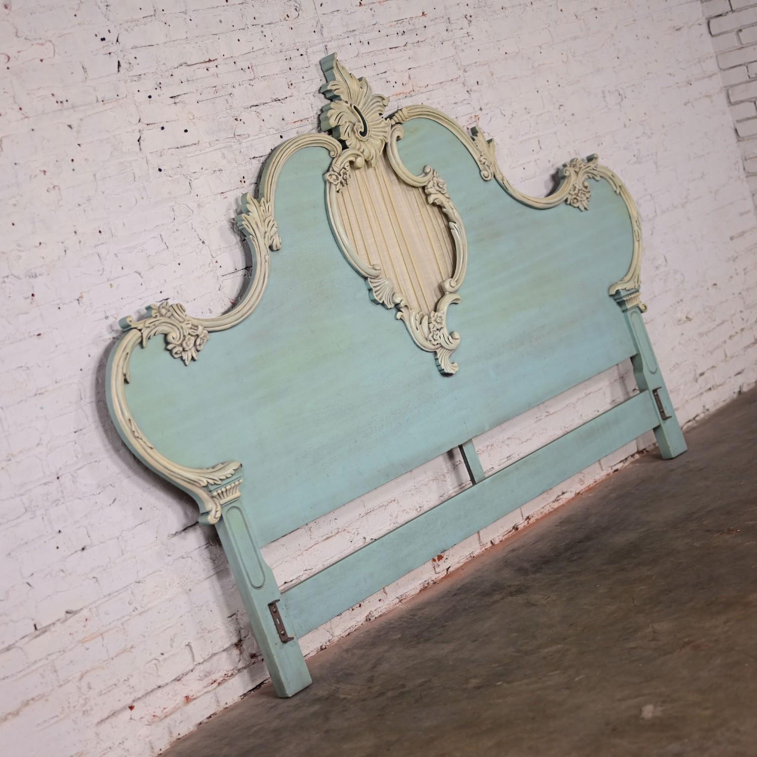 French Provincial King Headboard Powder Blue Ceruse Finish & Heavy Carved Detail In Good Condition For Sale In Topeka, KS