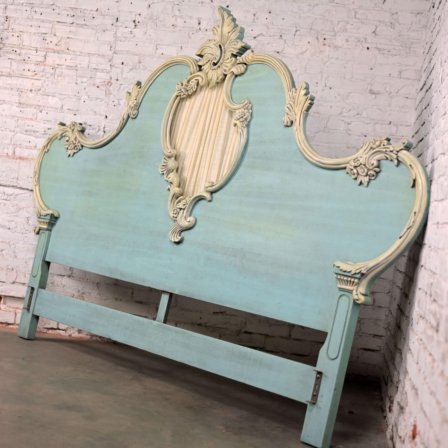 20th Century French Provincial King Headboard Powder Blue Ceruse Finish & Heavy Carved Detail For Sale