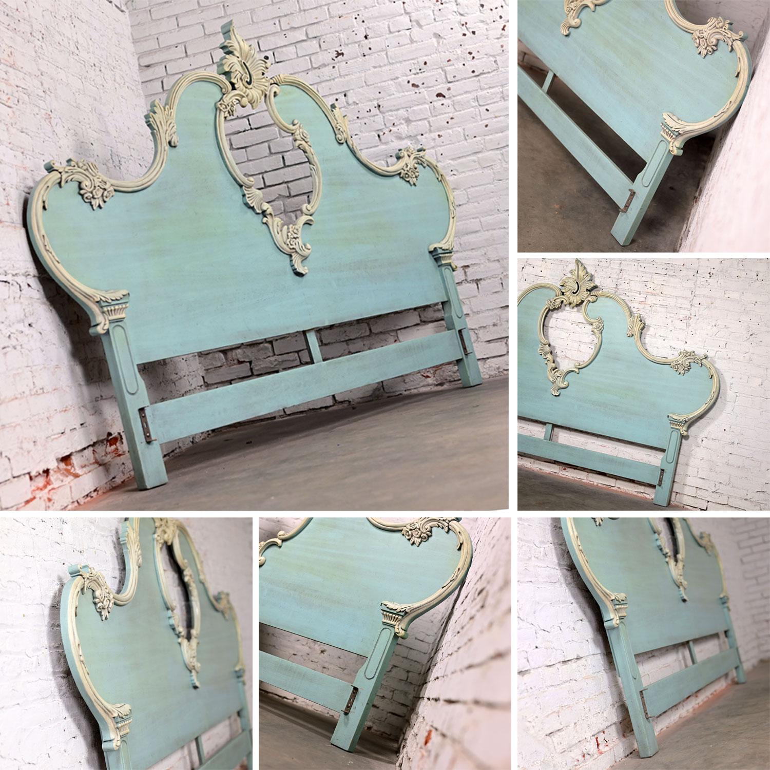 French Provincial King Headboard Powder Blue Ceruse Finish & Heavy Carved Detail For Sale 1